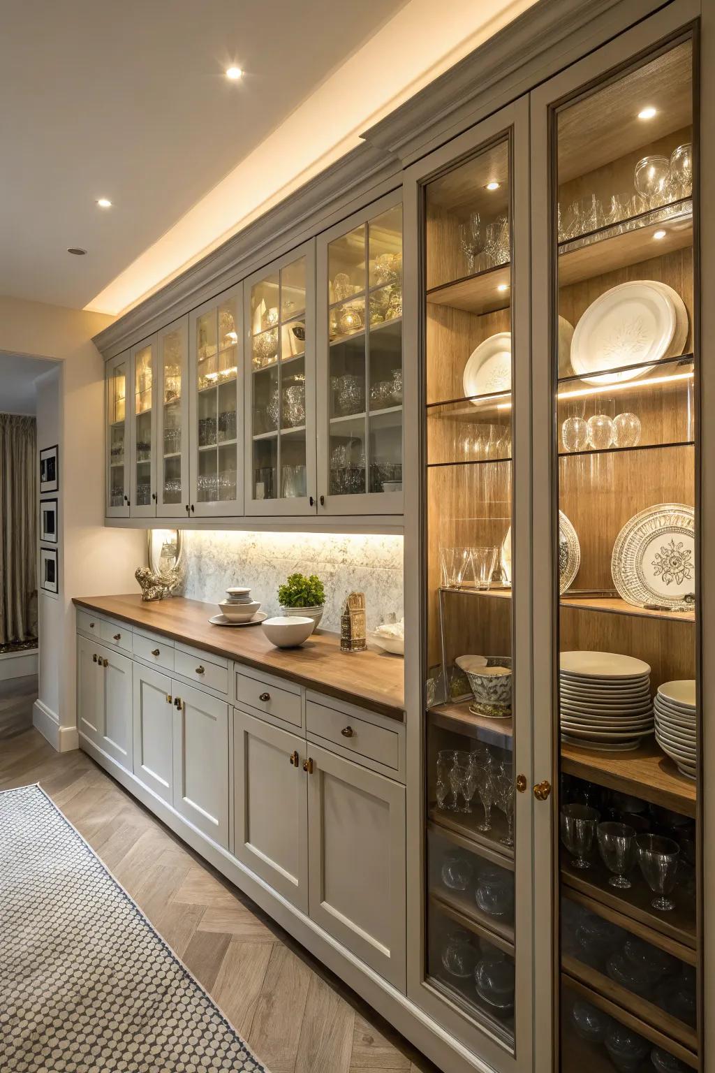 Glass cabinets offer elegance and an airy feel.