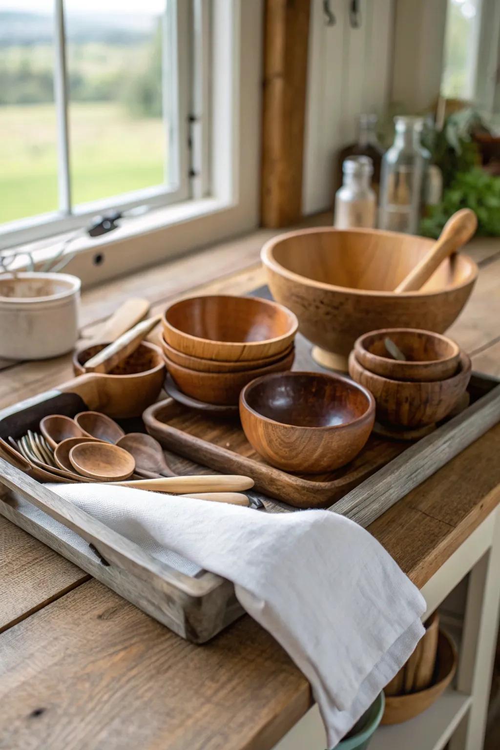 Wooden elements infuse rustic warmth into kitchen decor.