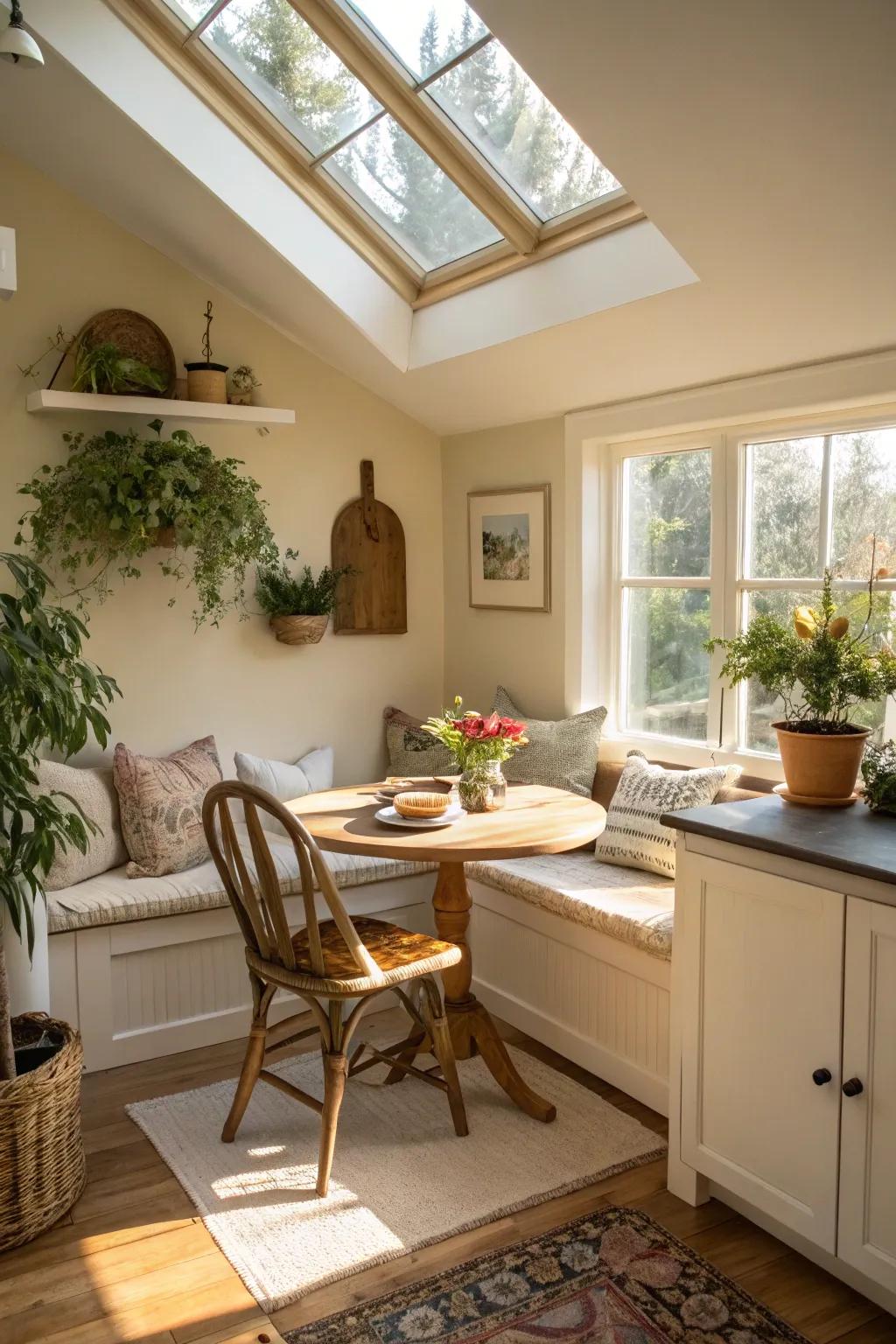 A skylight transforms a breakfast nook into a cozy, sunlit retreat.