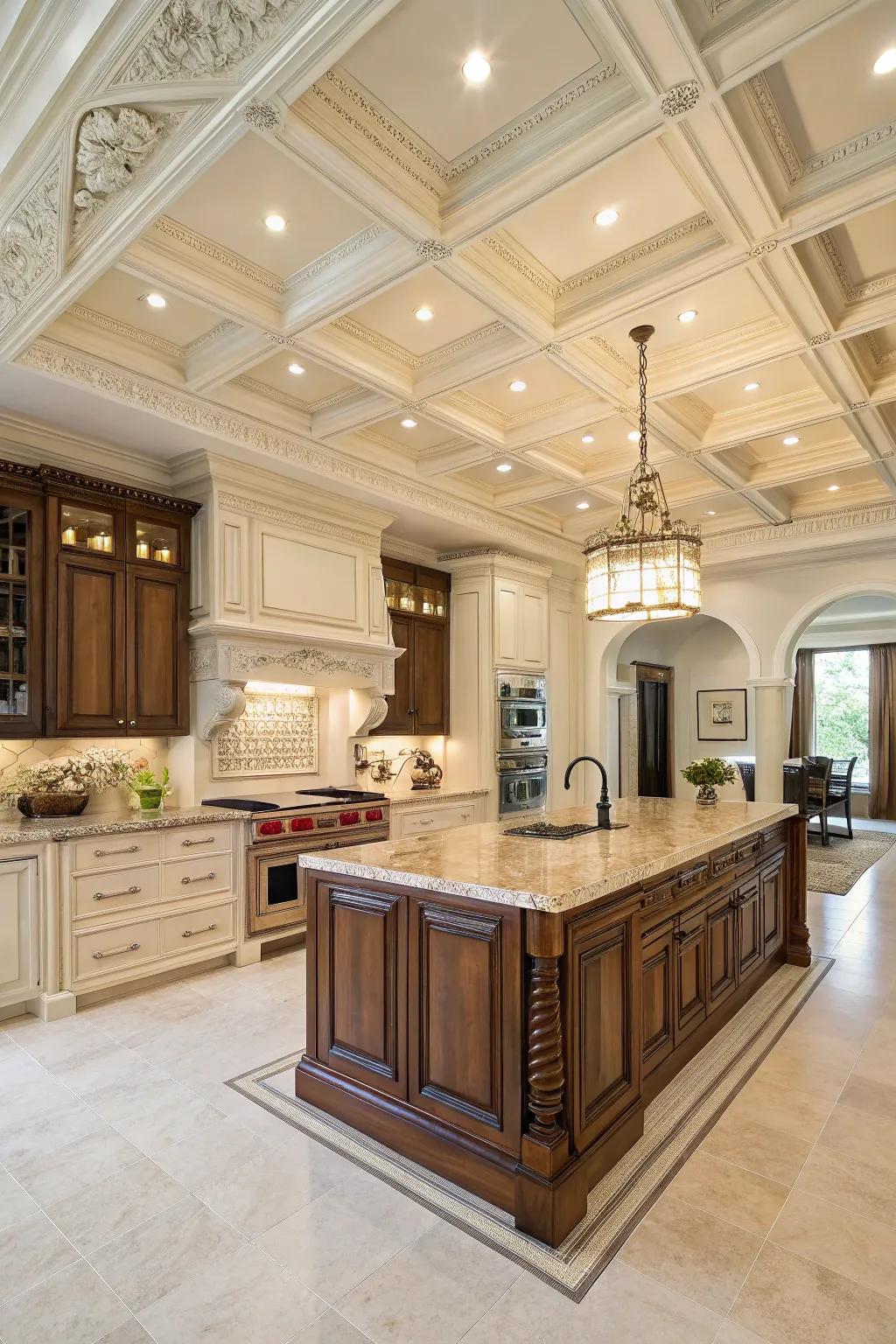 Coffered ceilings add sophistication and depth to the kitchen.