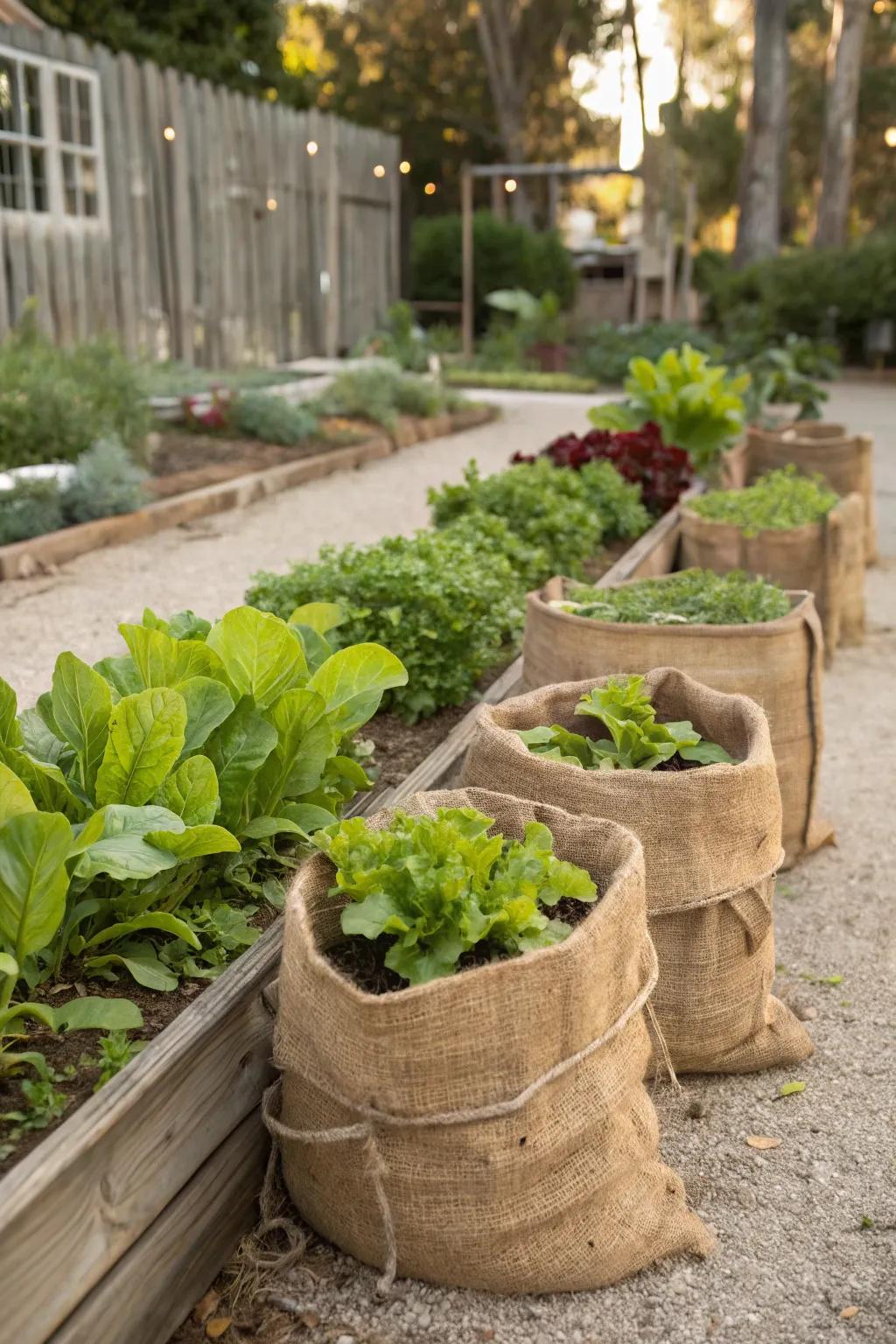 Burlap sacks provide a temporary and rustic solution for raised beds.