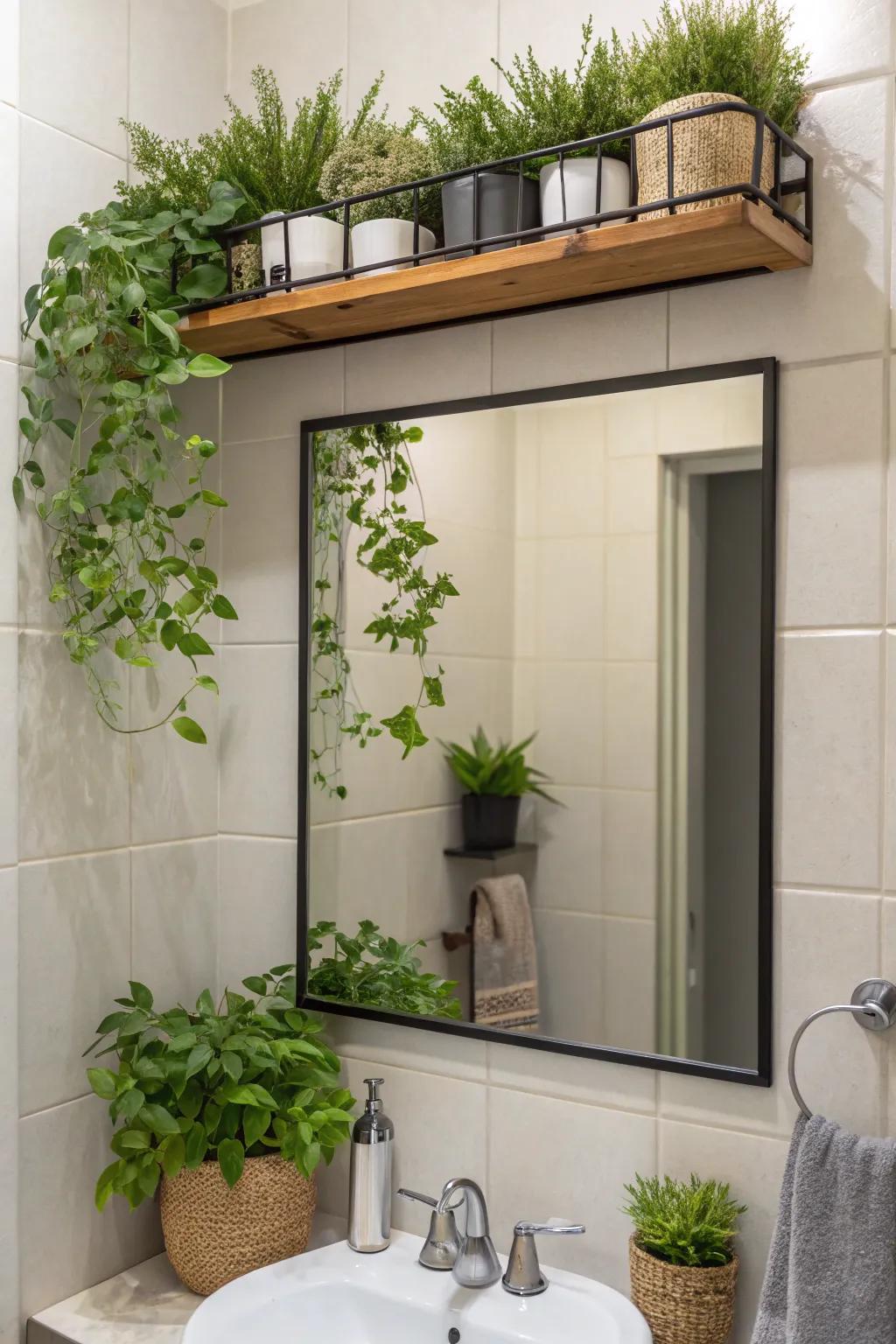 Plant shelves add a fresh, natural element to bathroom decor.