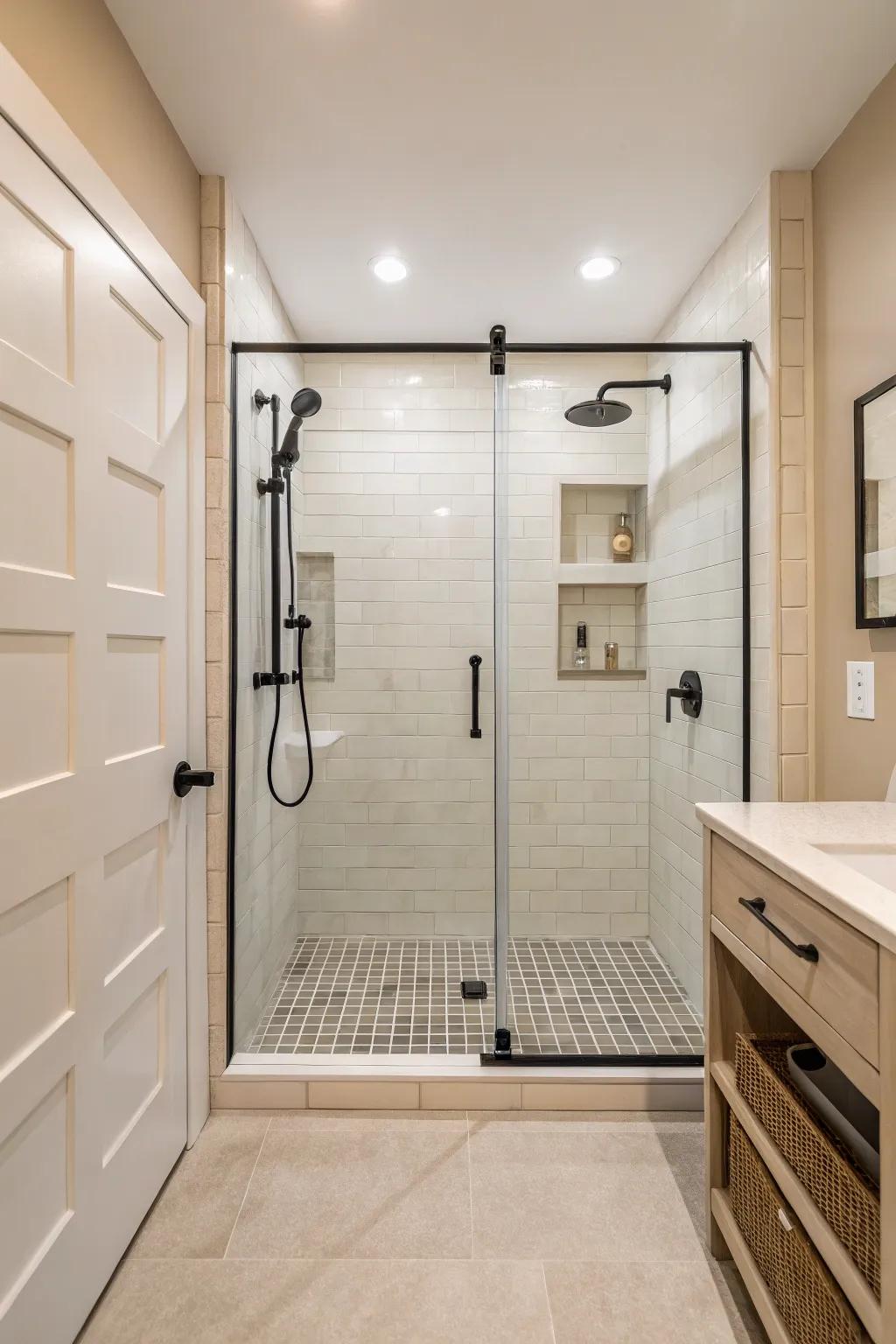 Minimalist design creates a serene, zen-like shower experience.