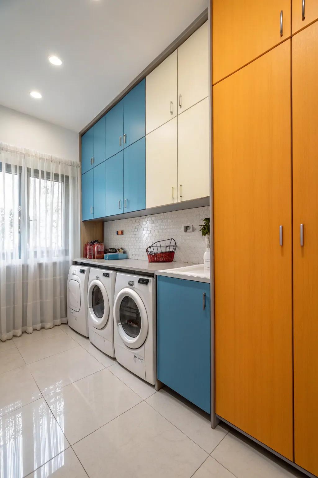 Color-blocked cabinets add a playful and personalized touch.