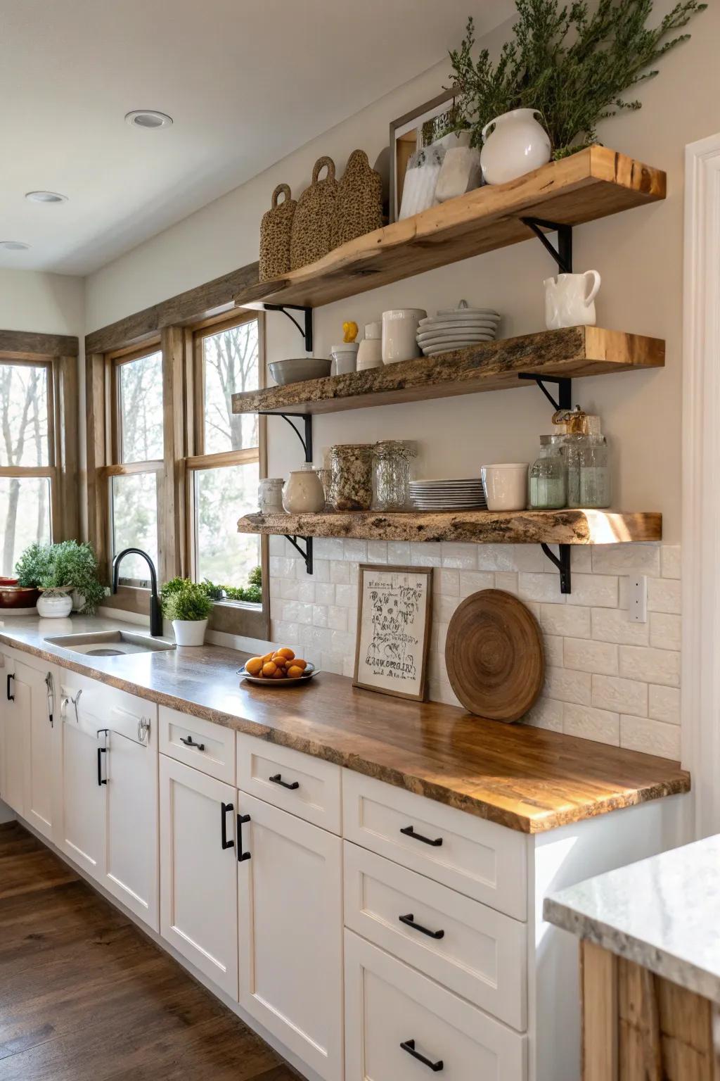 Live edge shelving adding a cohesive and natural touch to the kitchen.