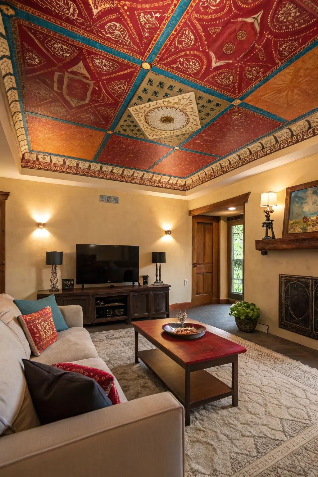 A striking ceiling adds character and depth to the living room.