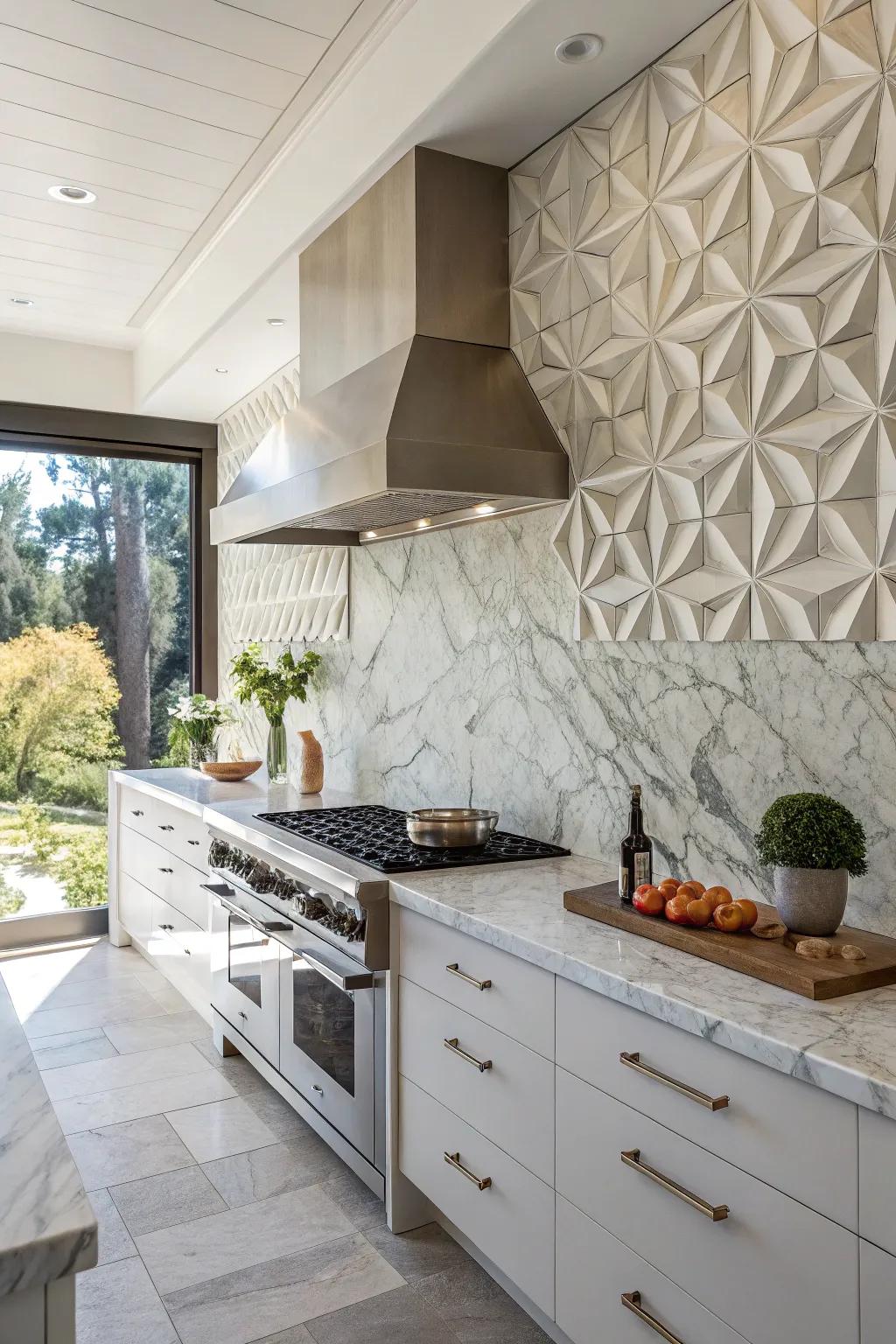 A gallery-like kitchen featuring a shaped stone tile panel.