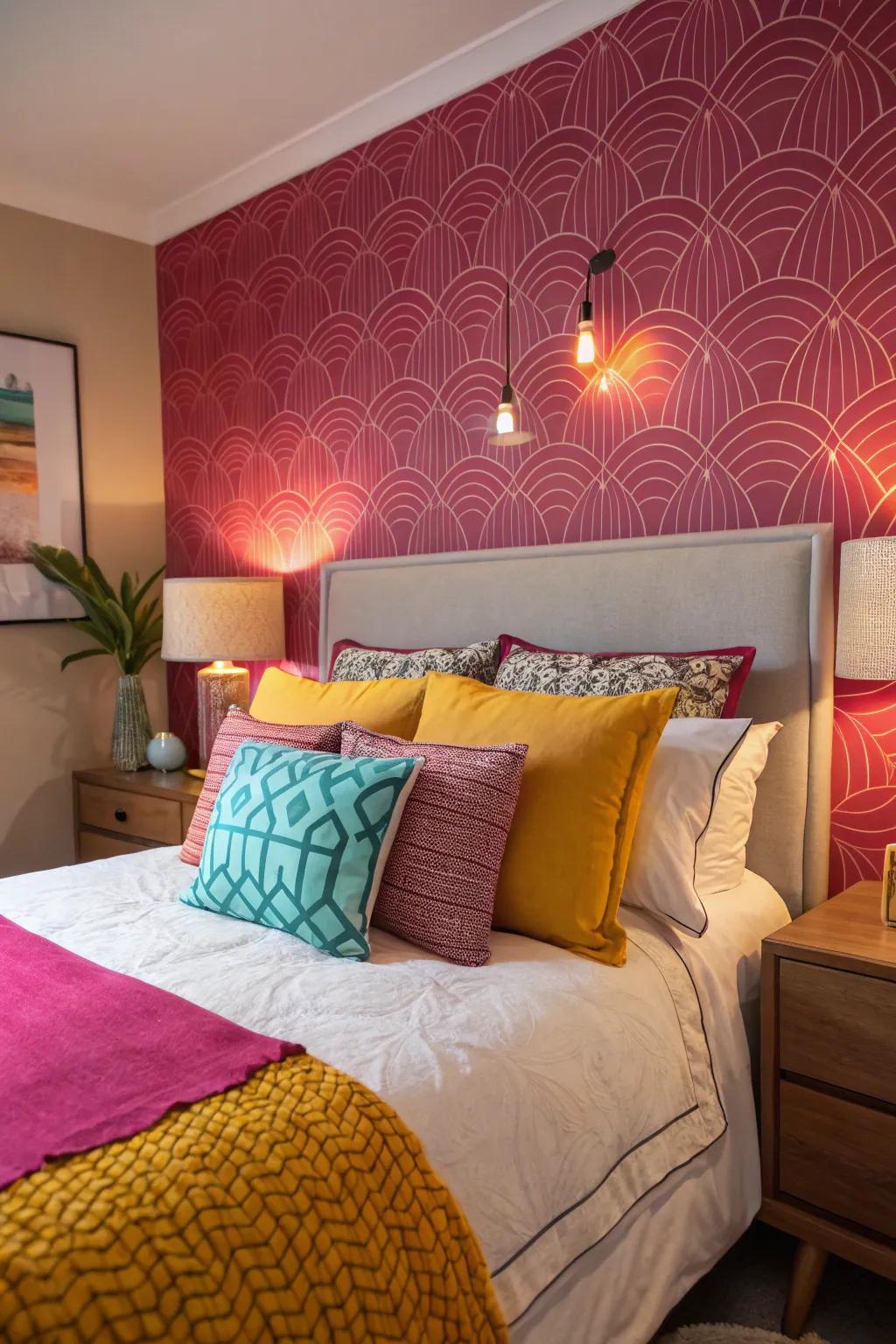 A sleeping area featuring vibrant highlight colors in bolsters and wall decor.