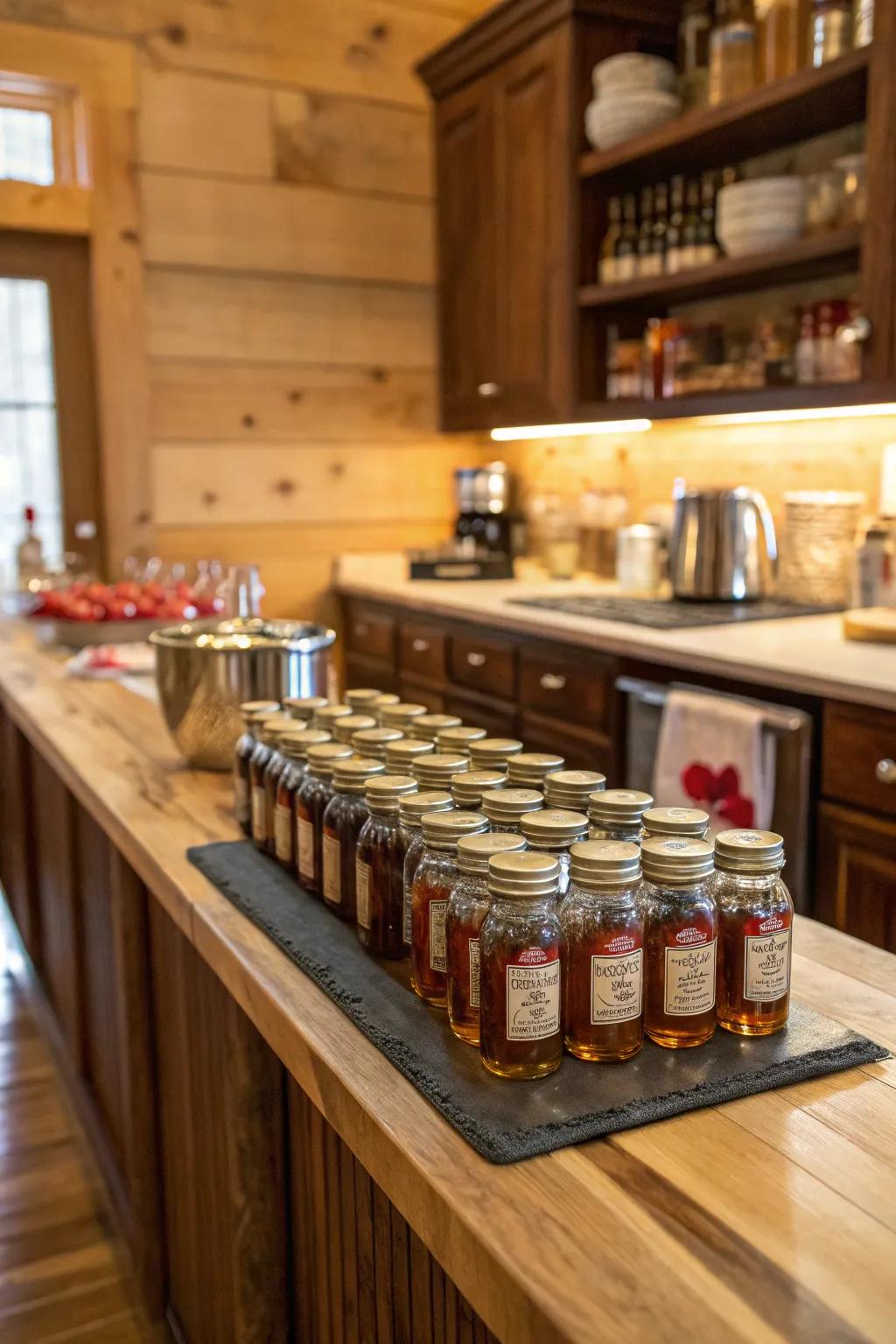 Mason jars providing a whimsical display for mini liquor bottles.