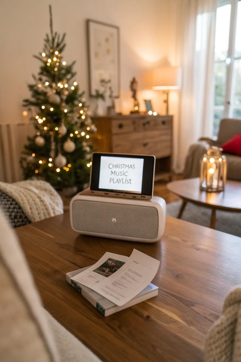 A cozy living room enhanced by a minimalist Christmas music playlist.