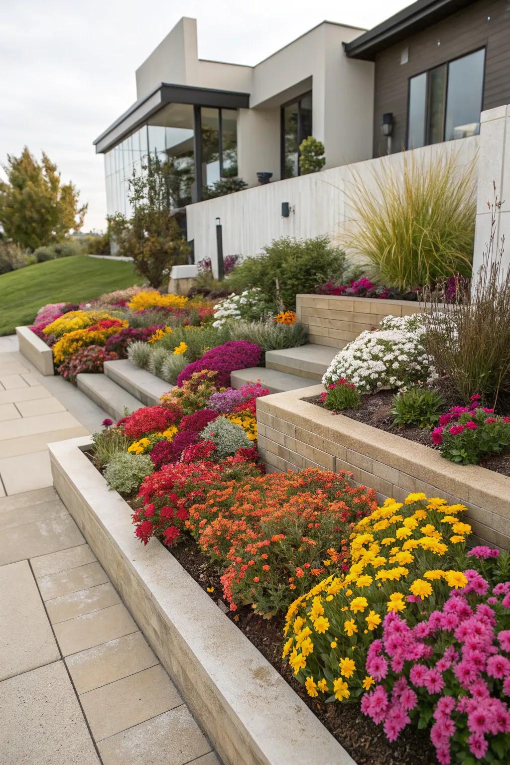 Layered planting adds depth and dimension to flower beds.