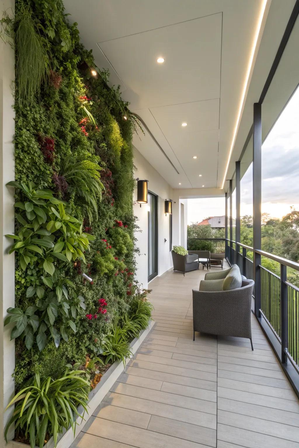 A vertical garden brings greenery to a modern porch without using floor space.