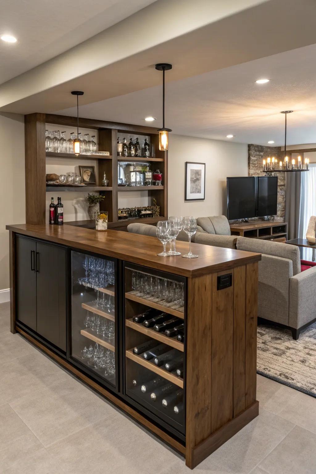 A sophisticated home wine bar that enhances entertaining areas.