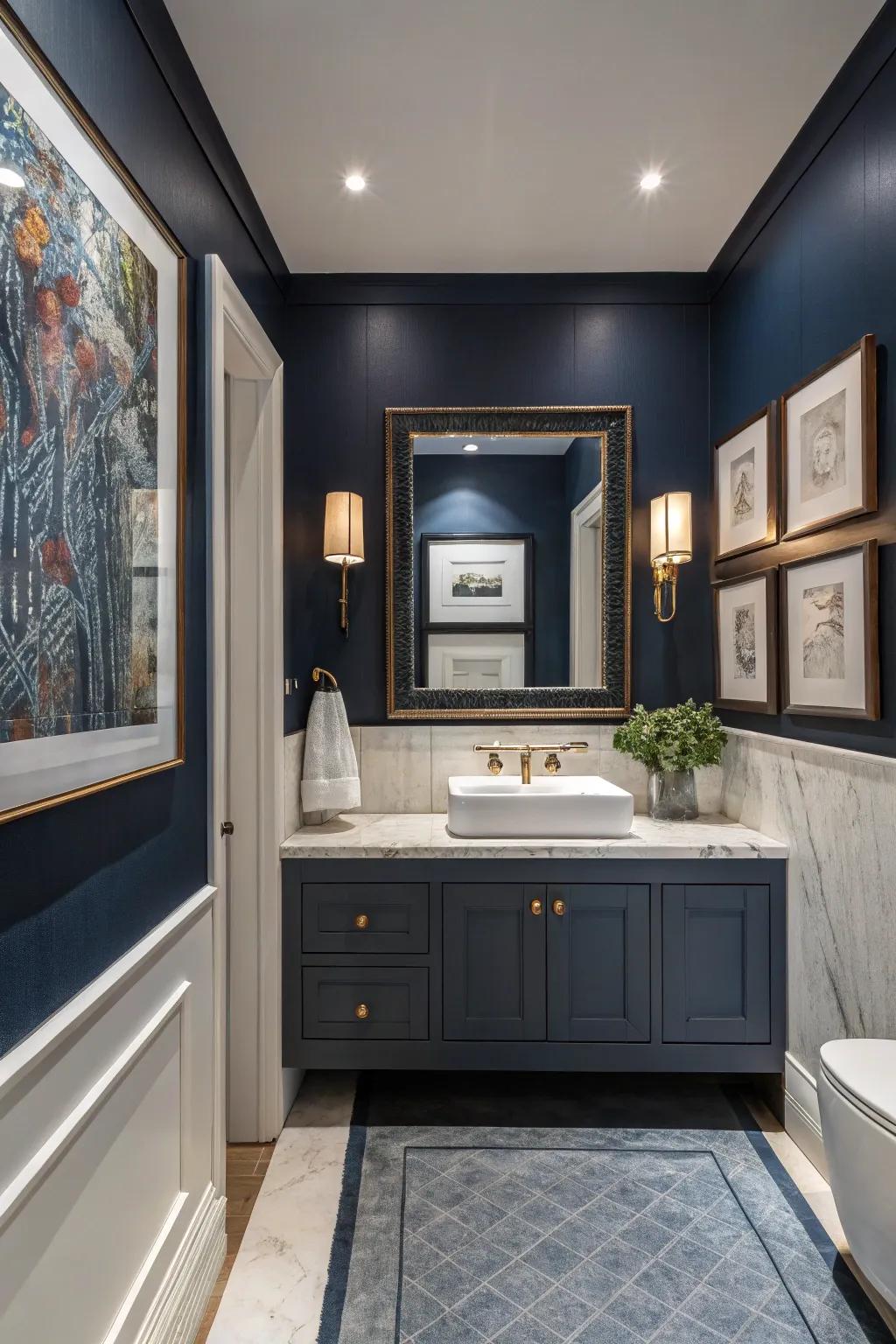 Contemporary artwork adds personality to navy blue bathrooms.