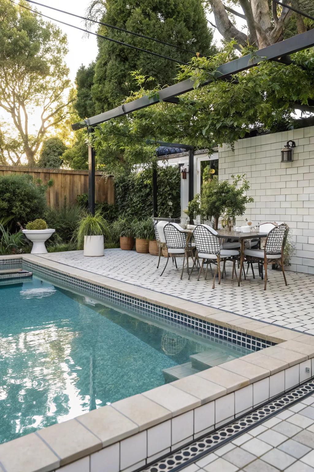 Subway tiles provide a timeless, versatile pool design.