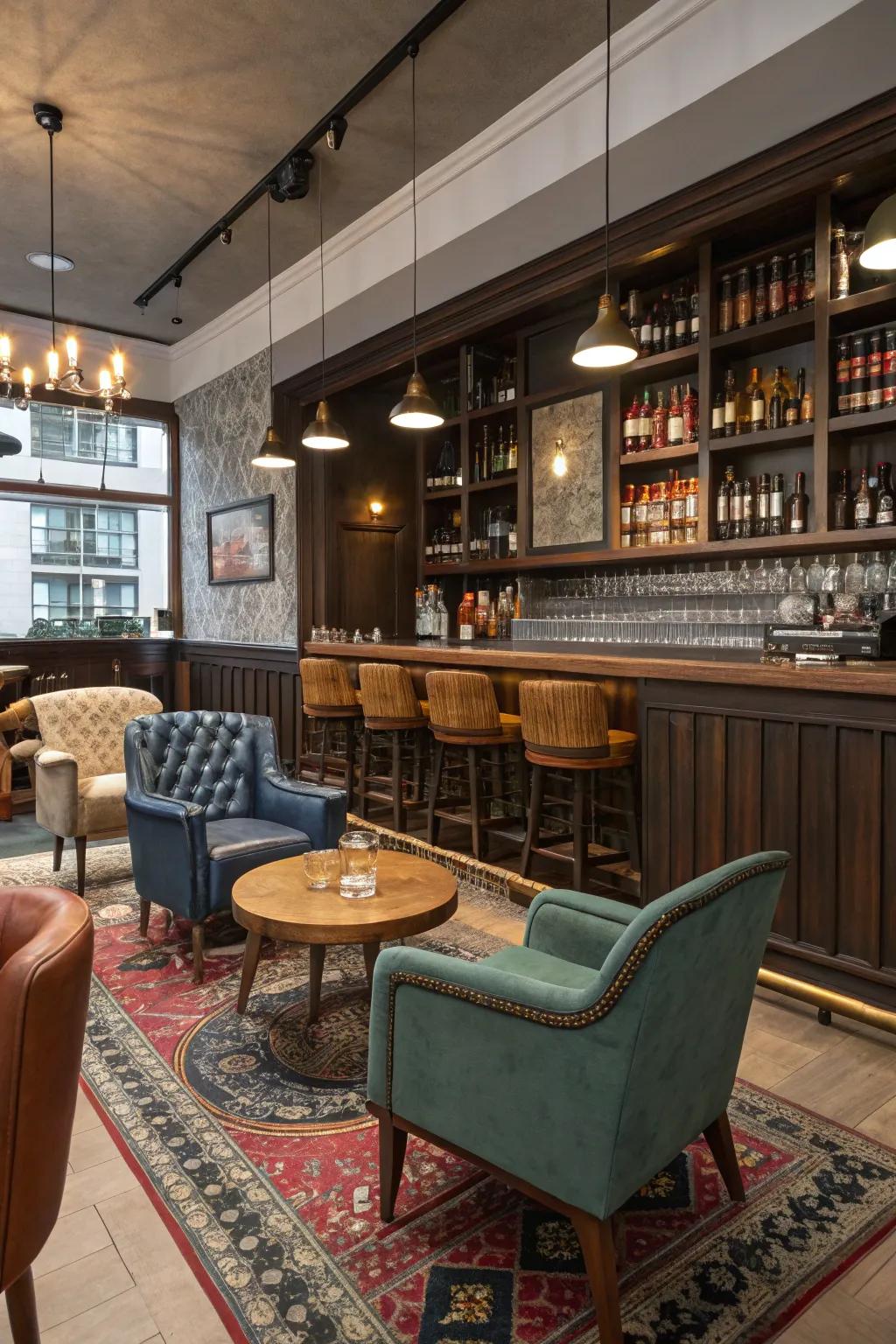 Eclectic furniture choices create a distinctive and personal whiskey room.