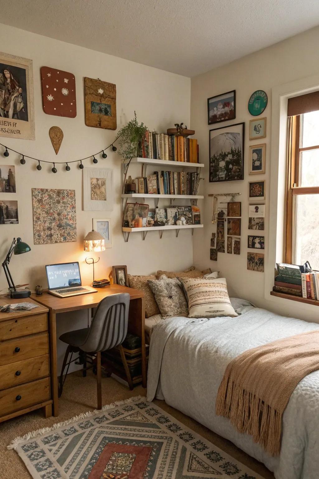 A bedroom with personal artifacts and unique decor pieces.