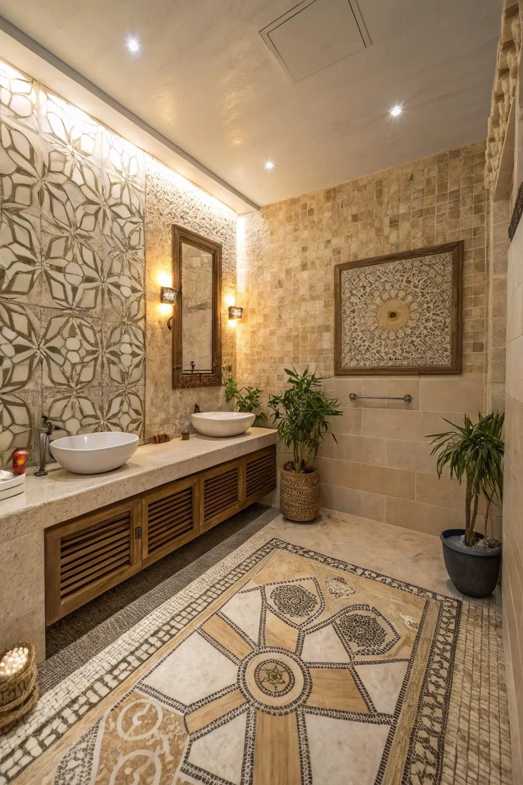 A tranquil bathroom with meditative Zen-inspired mosaic patterns.