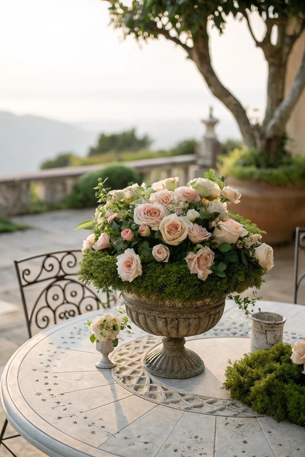 Moss rose centerpieces brighten any outdoor dining setting.