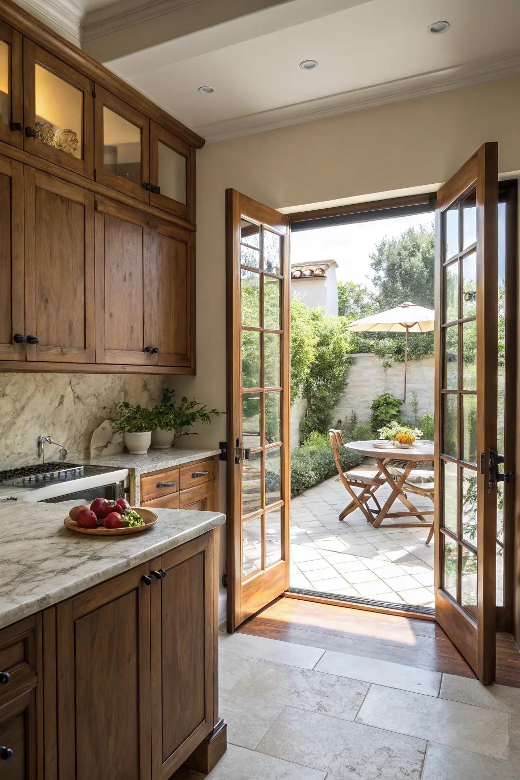 Large doors connect the kitchen with stunning outdoor spaces.