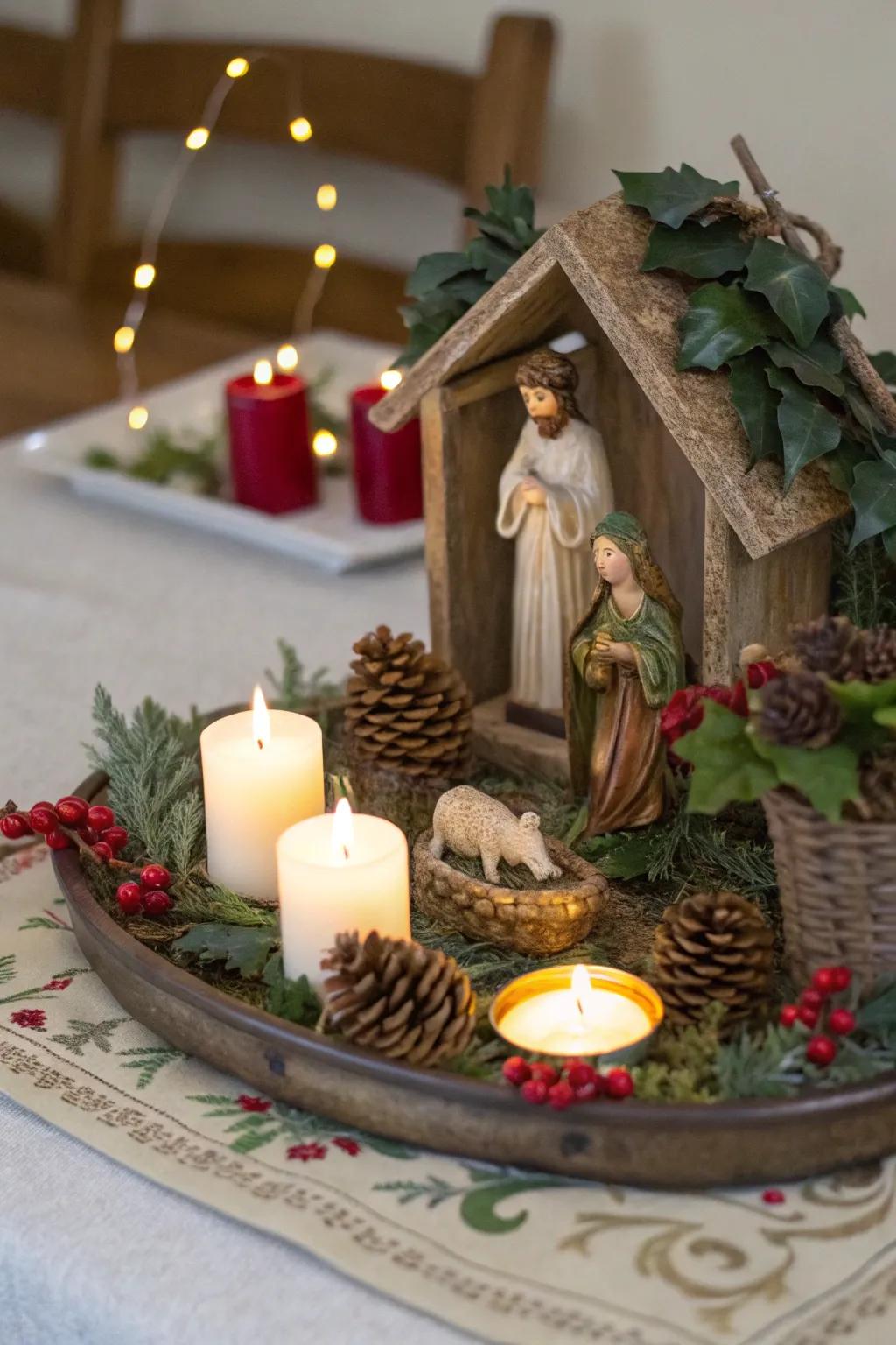 A chic nativity display on a decorative tray.