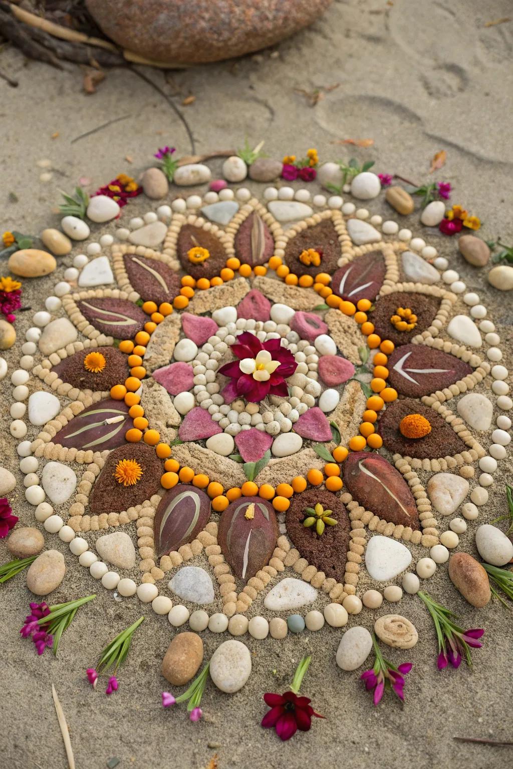 A balanced mandala collage using natural items.