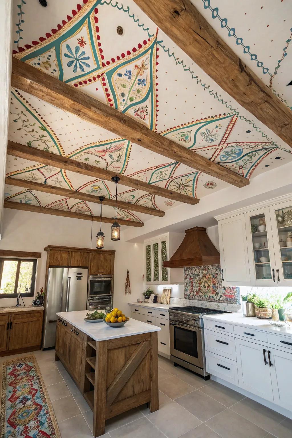 A kitchen with a dynamic ceiling design.