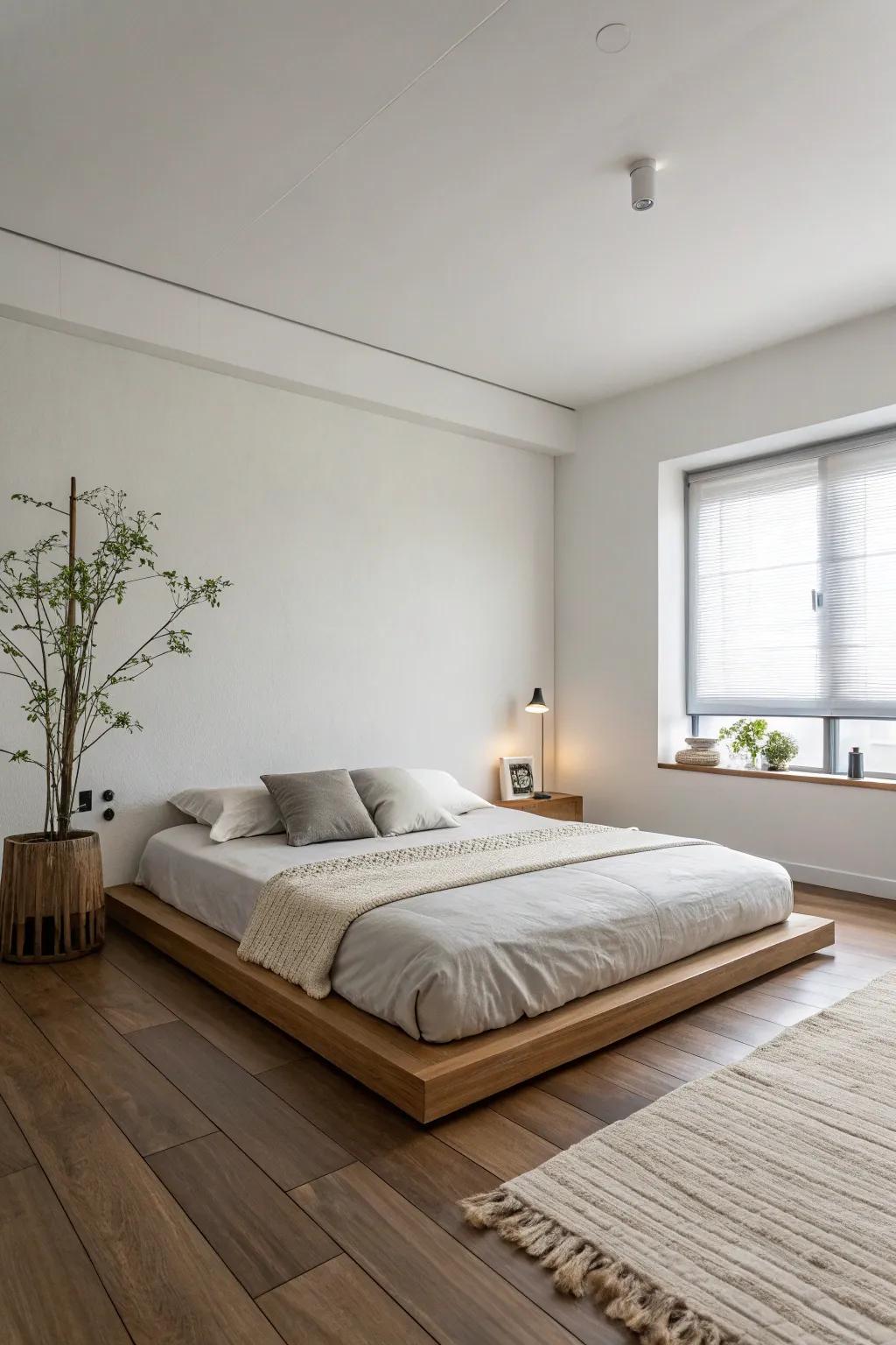 A minimalist setup creates a serene and calming bedroom retreat.