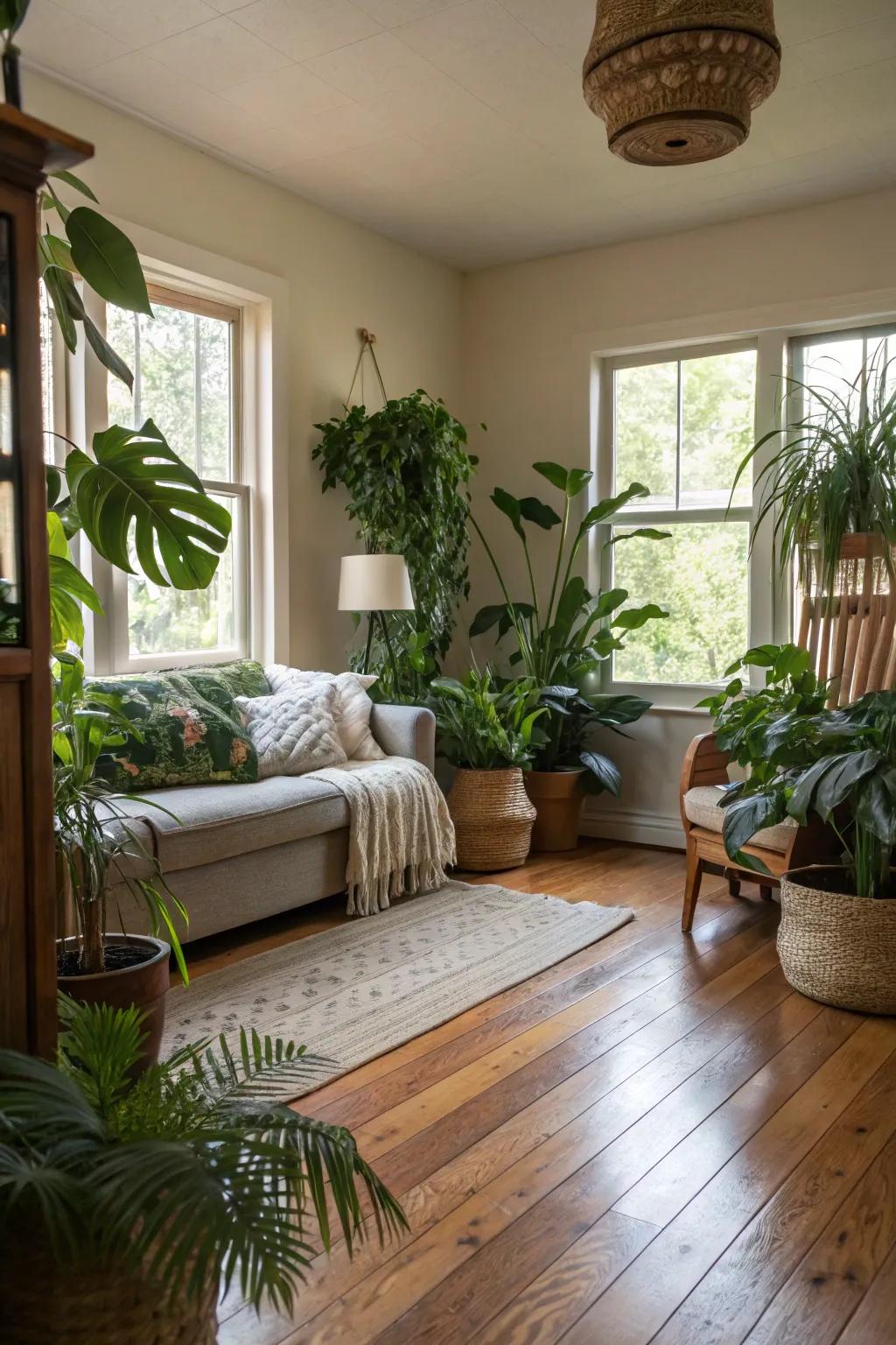 Indoor plants bring life and color to oak wood floors.