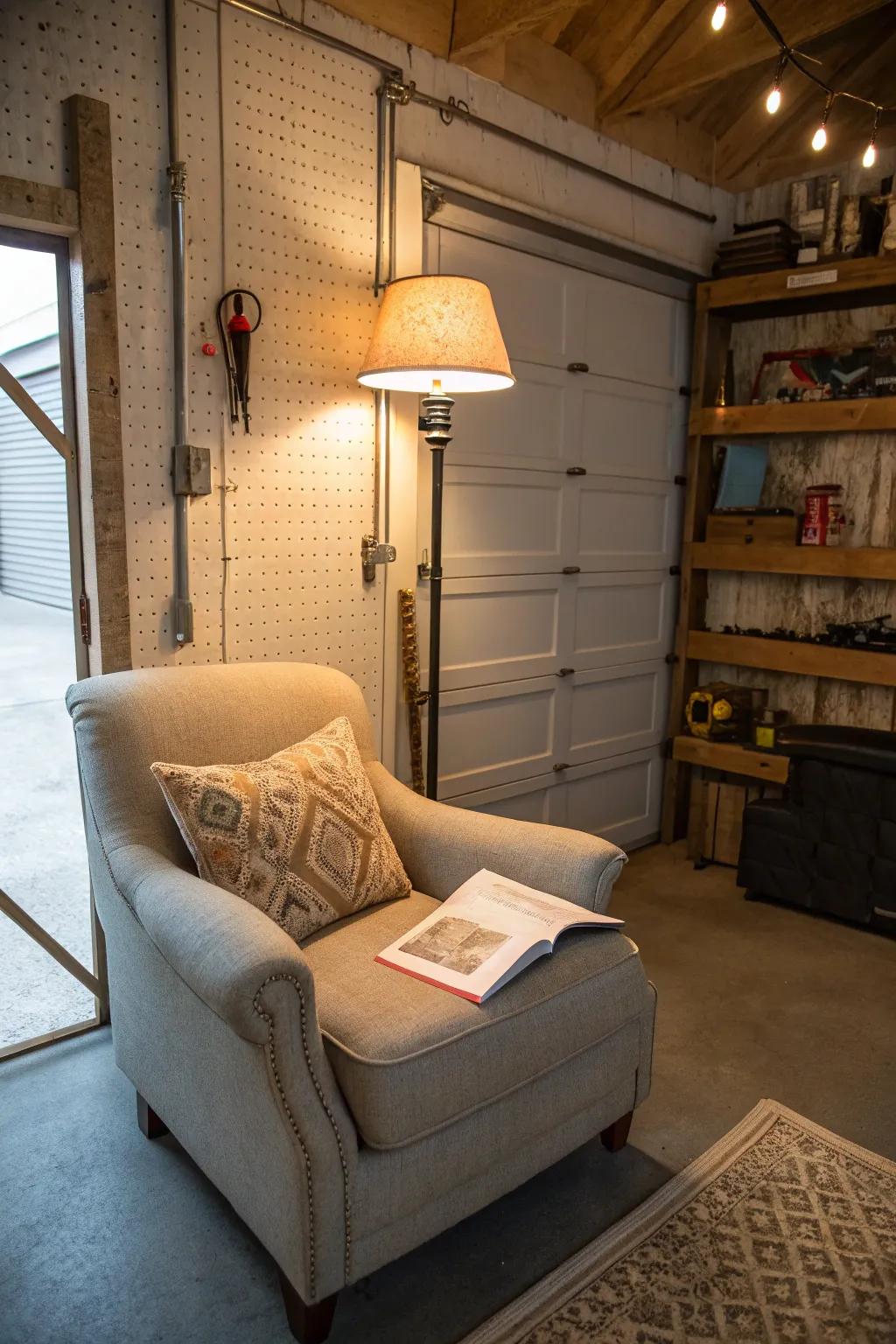 A reading nook provides a cozy retreat within your garage.