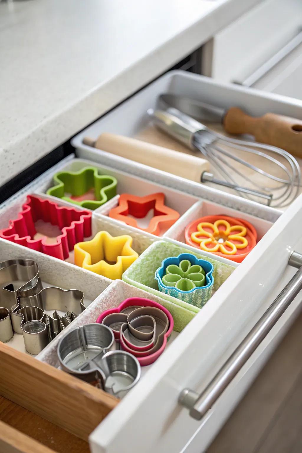 Compact storage keeps cookie cutters organized and accessible.