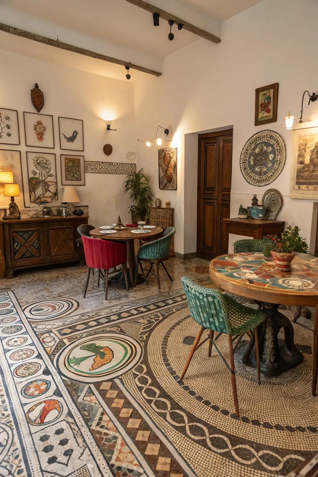 A dining area with cultural patchwork-painted floors, offering a colorful tribute to global art.