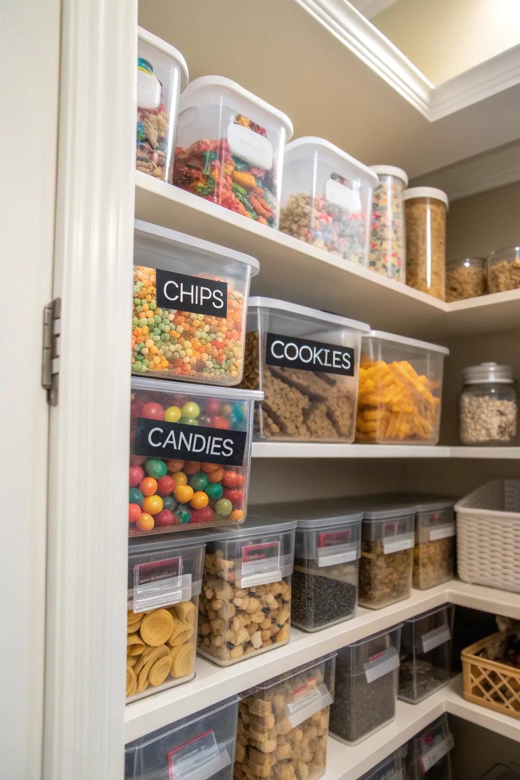 Stackable bins in a pantry offer organized storage for snacks and small items.