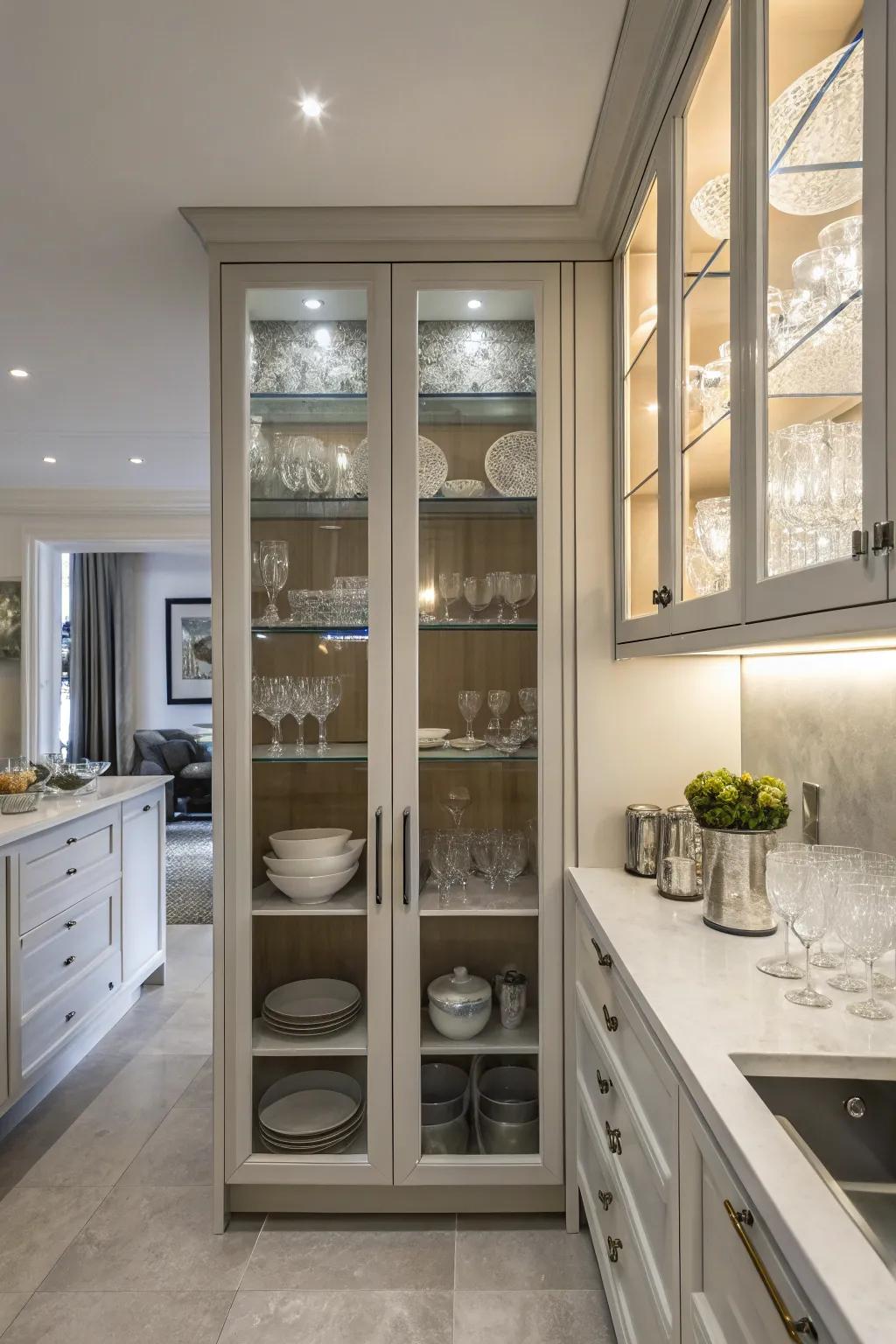 Glass cabinet doors offer elegance and transparency.