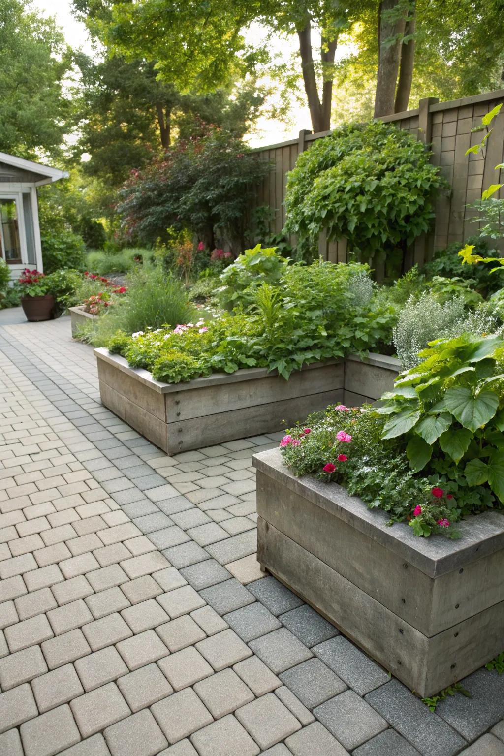 A paver patio with integrated garden beds, blending greenery with the paver layout.