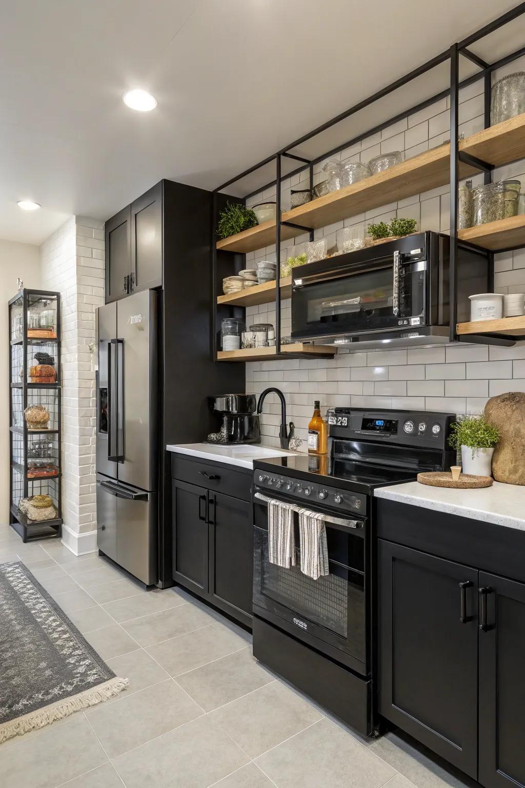 Open shelves complement sleek appliances and add style.