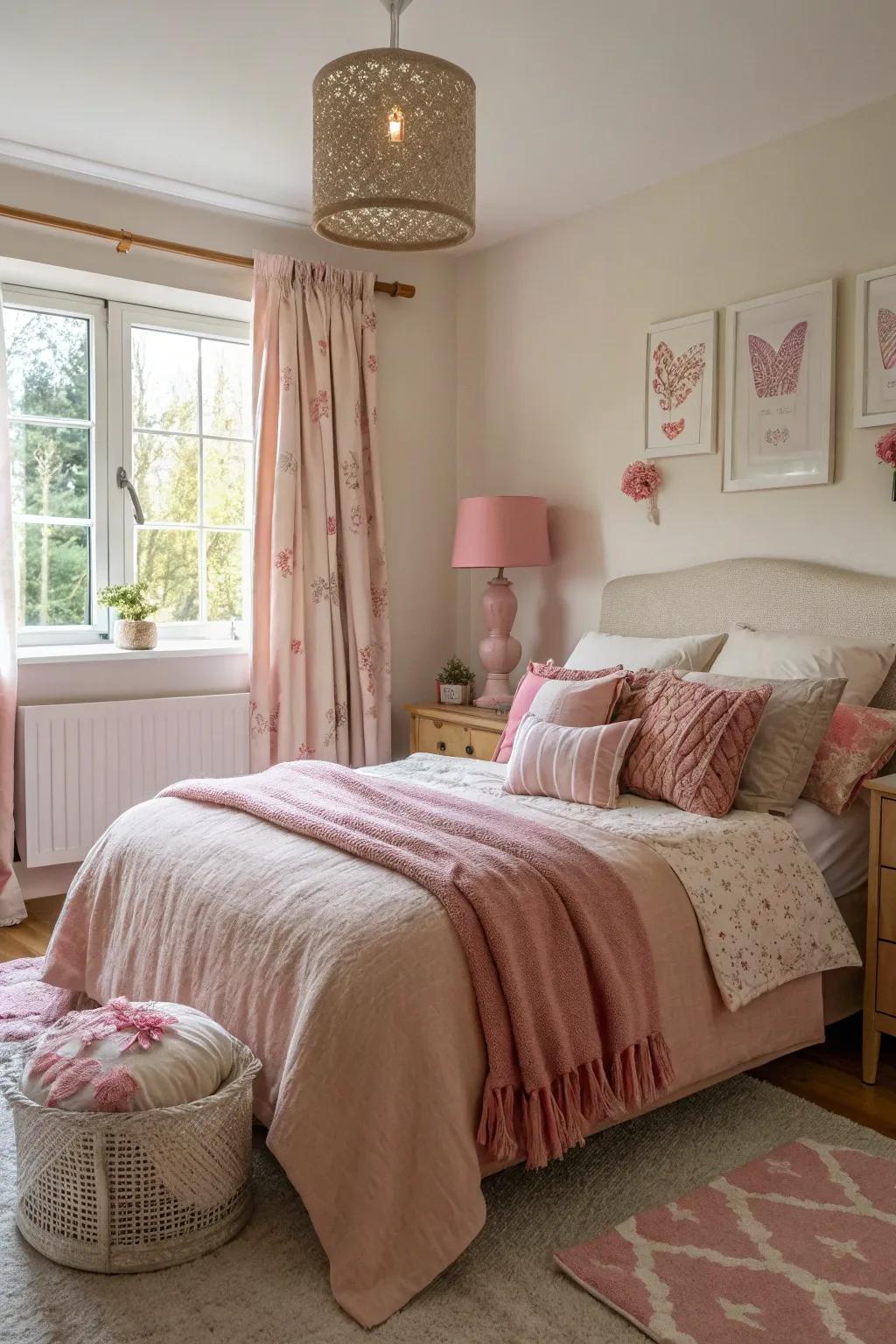 Unexpected pink decor elements add a unique twist to this stylish bedroom.