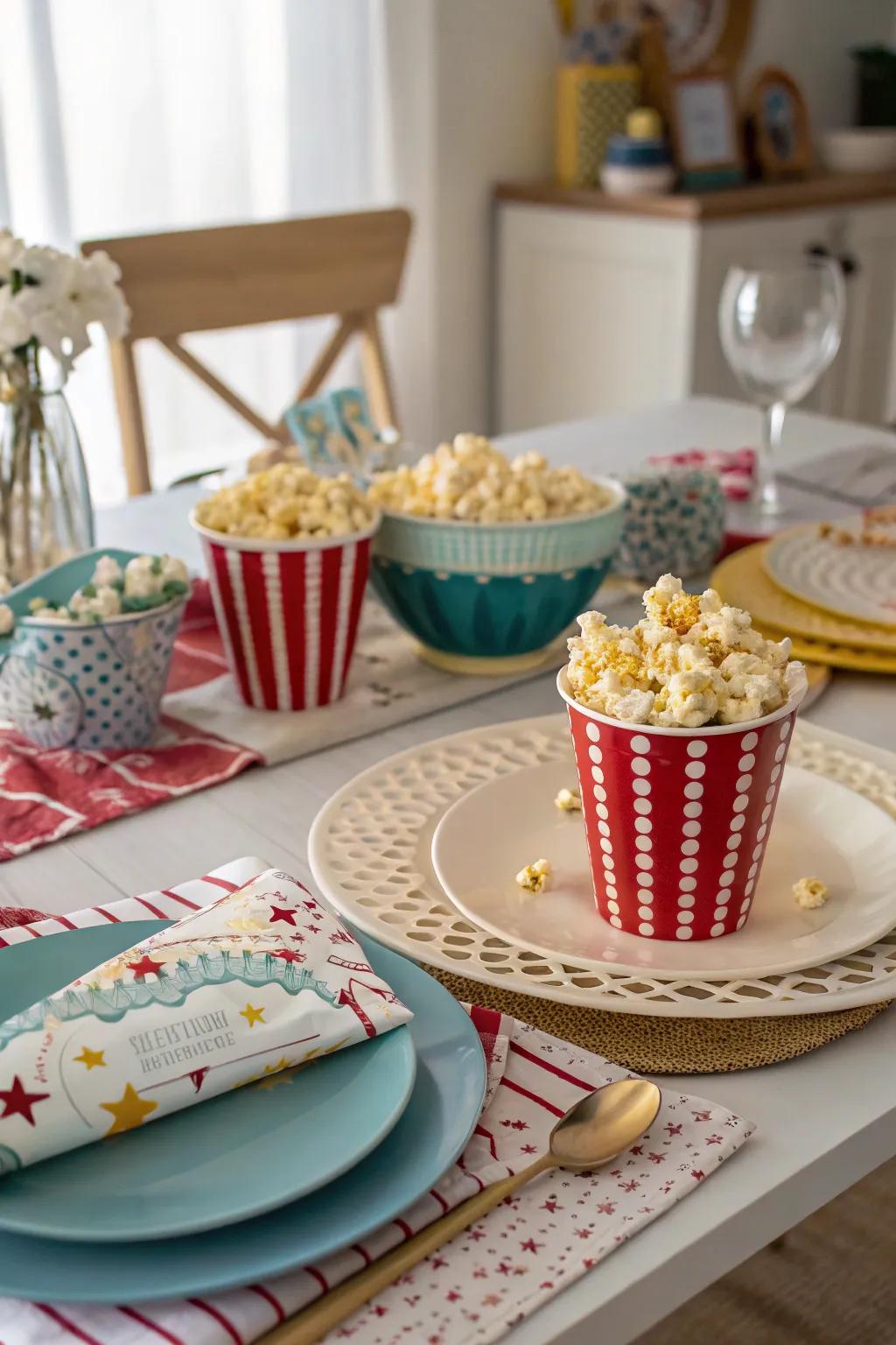 Popcorn-themed table settings offer a fun and cohesive dining experience.