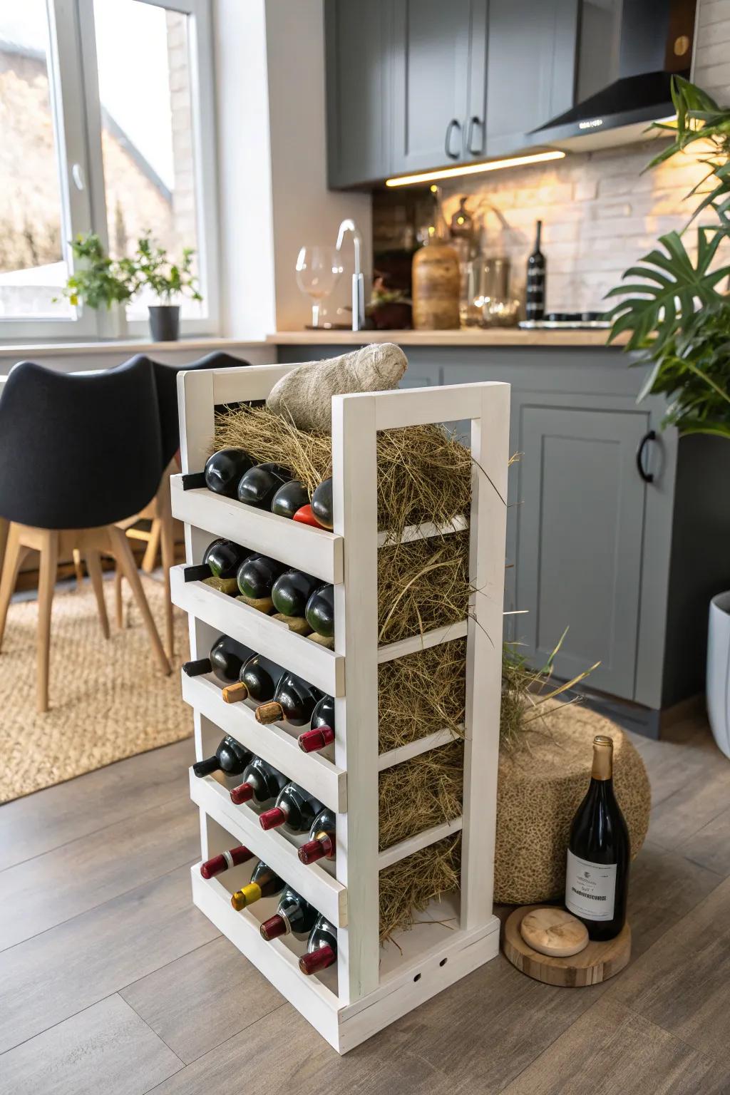 A wine rack cleverly repurposed for hay storage.