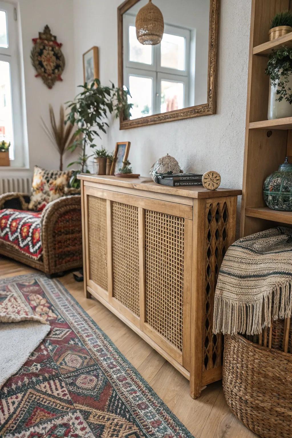 Cane webbing adds a bohemian touch to a radiator cover.