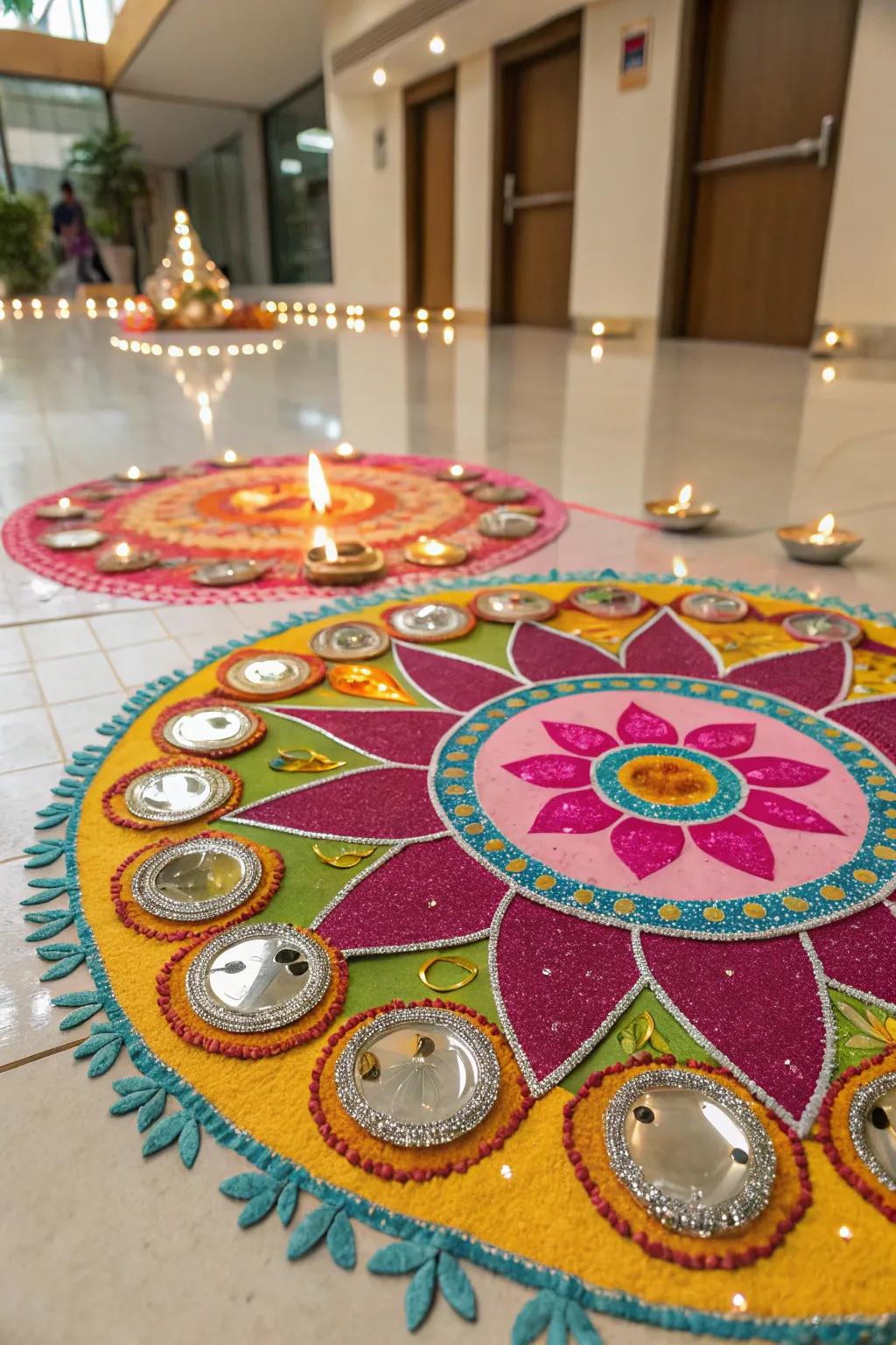 Reflective surfaces add a shimmery sparkle to this festive rangoli.