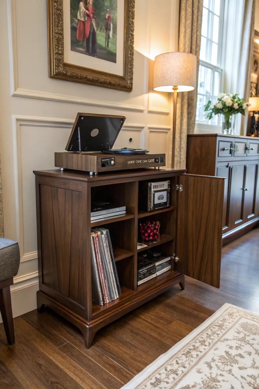 Hidden cabinets offer a tidy and secure way to store your vinyl treasures.