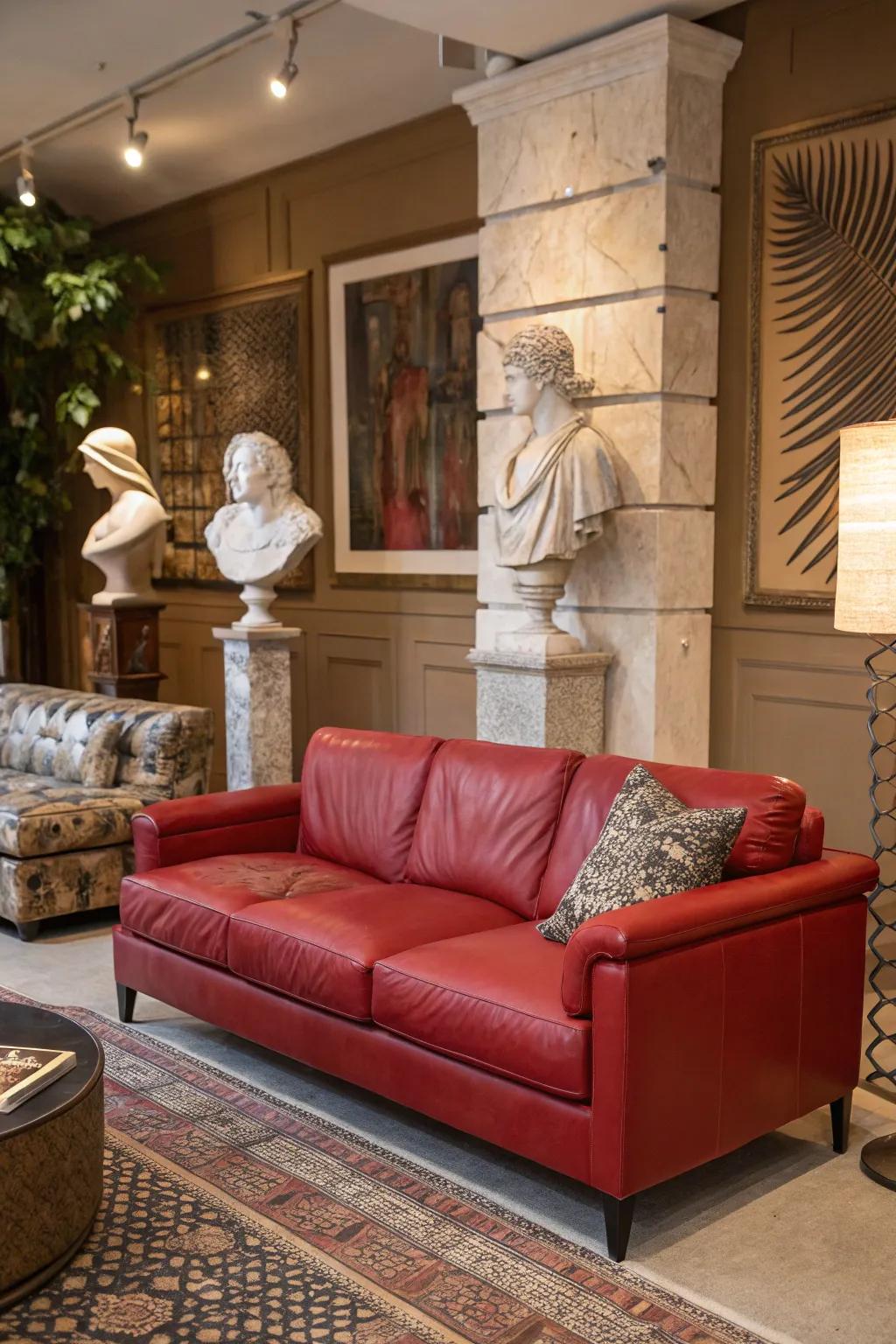 Artistic statuettes append polish and intrigue inside a lounge featuring a scarlet hide sofa.
