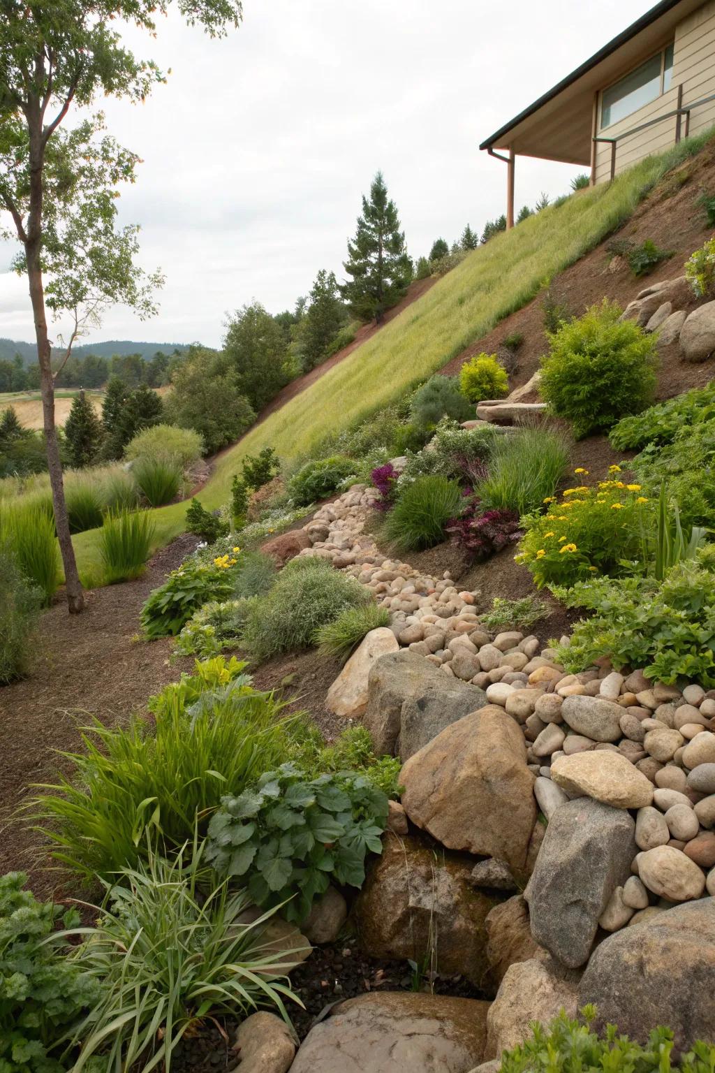 Protect your garden from erosion with river rocks.