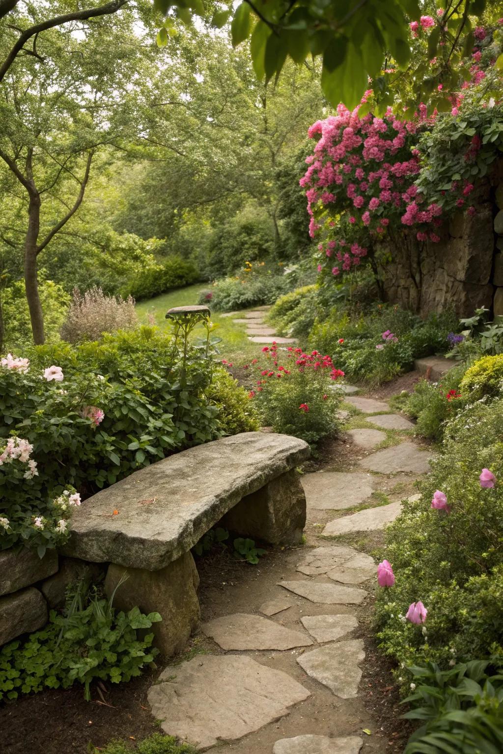 A natural rock bench providing a cozy seating area in a garden.