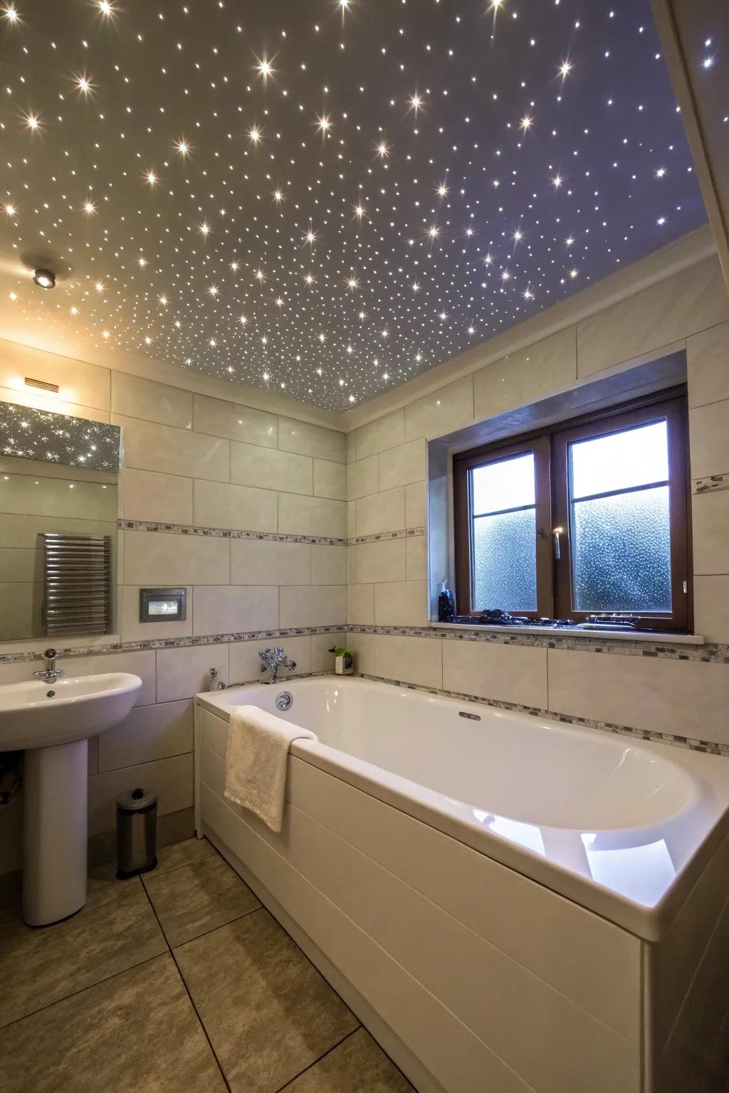 A star projector adds a cosmic touch to your romantic bath.