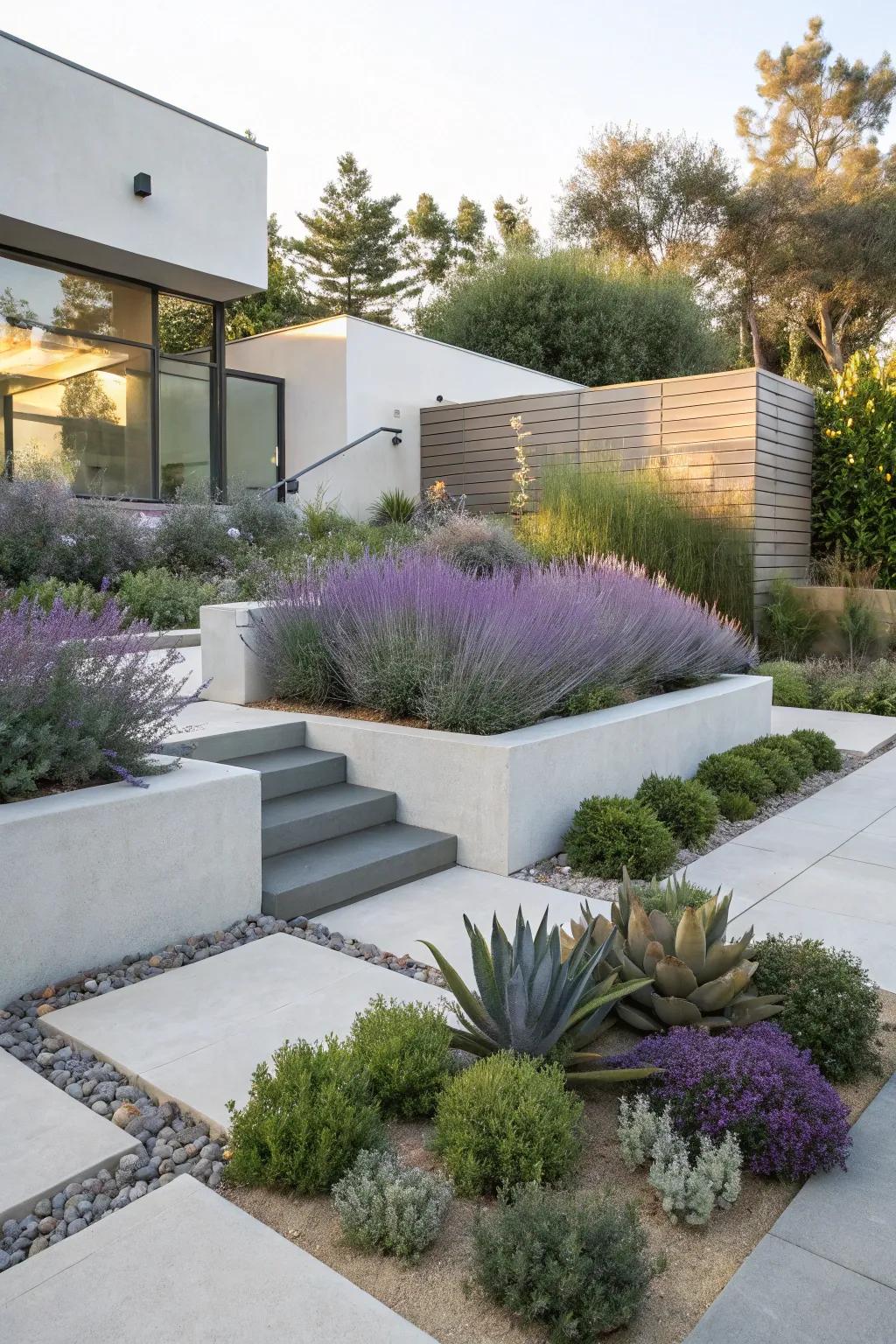 A modern garden with Russian sage and succulents.