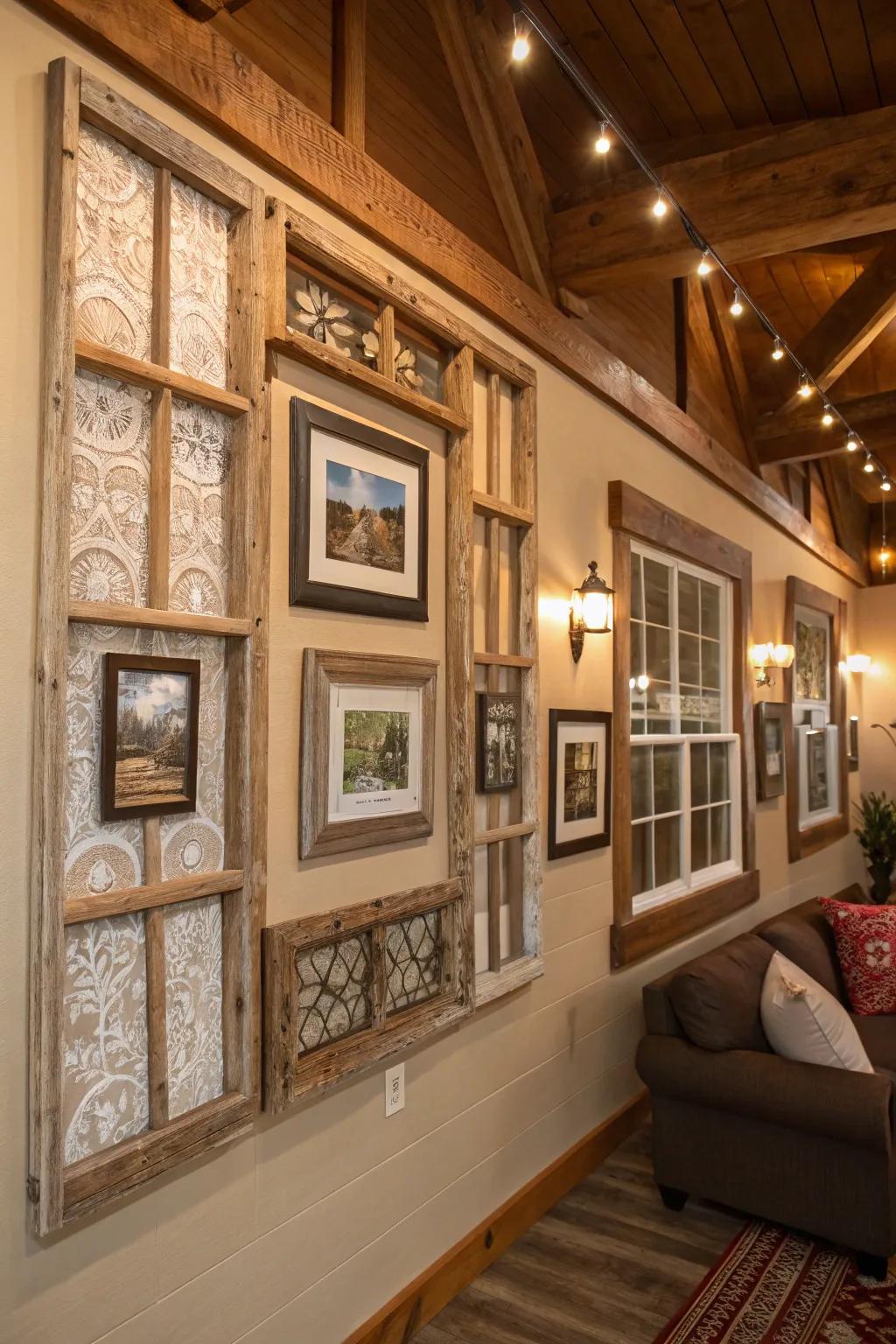 Upcycled window frames evoke vintage charm.