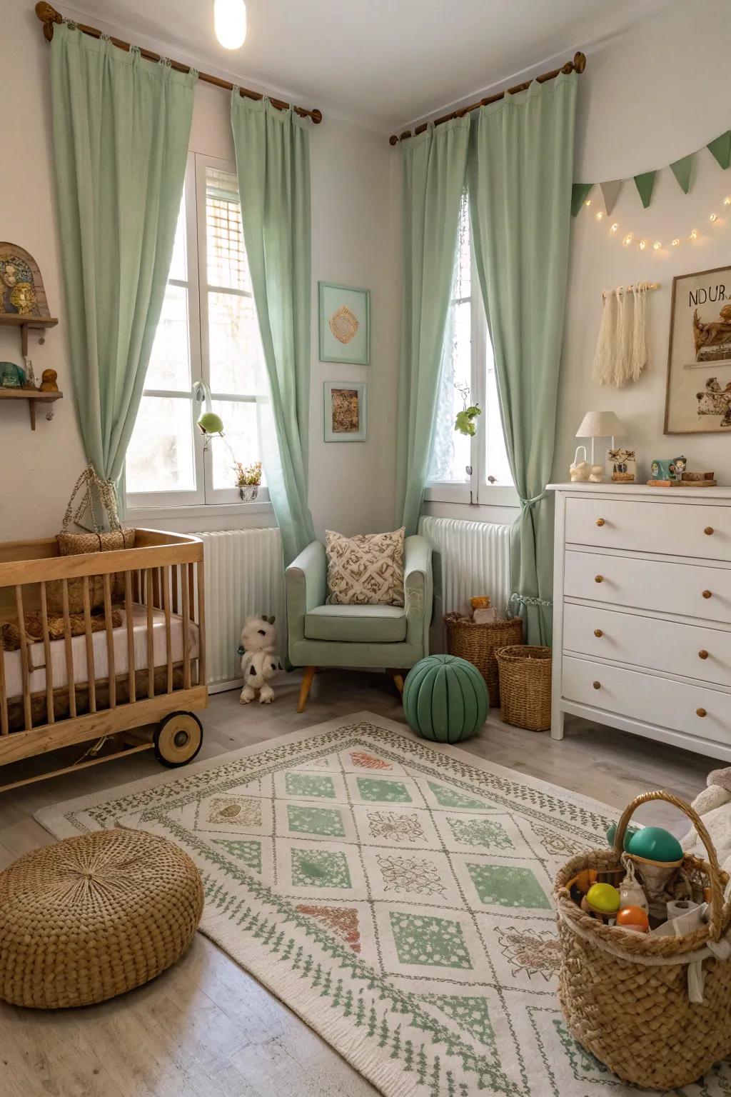 Eclectic decor adds personality to a sage green nursery.