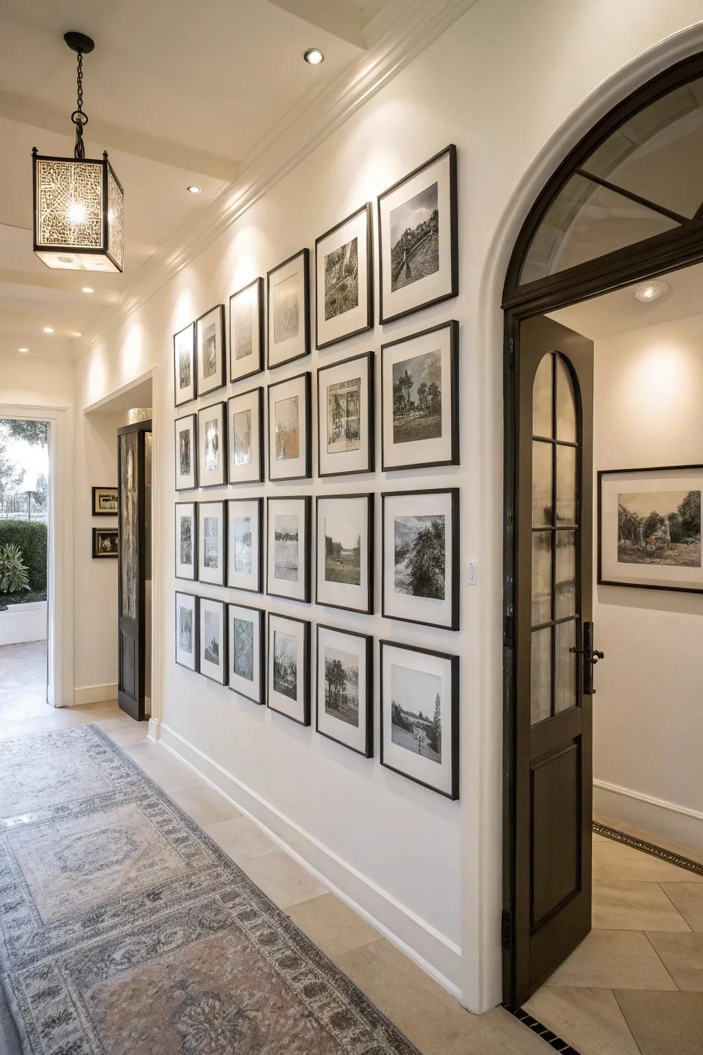 An entryway with a monochrome gallery of black and white prints